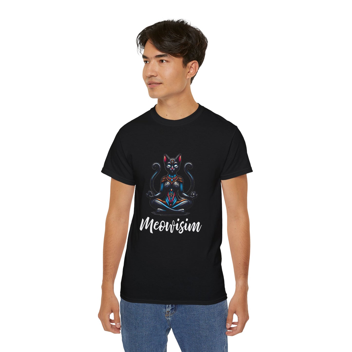 Purr Meowisim Black Two-Tailed Cat Tee – Mystical Feline Humor