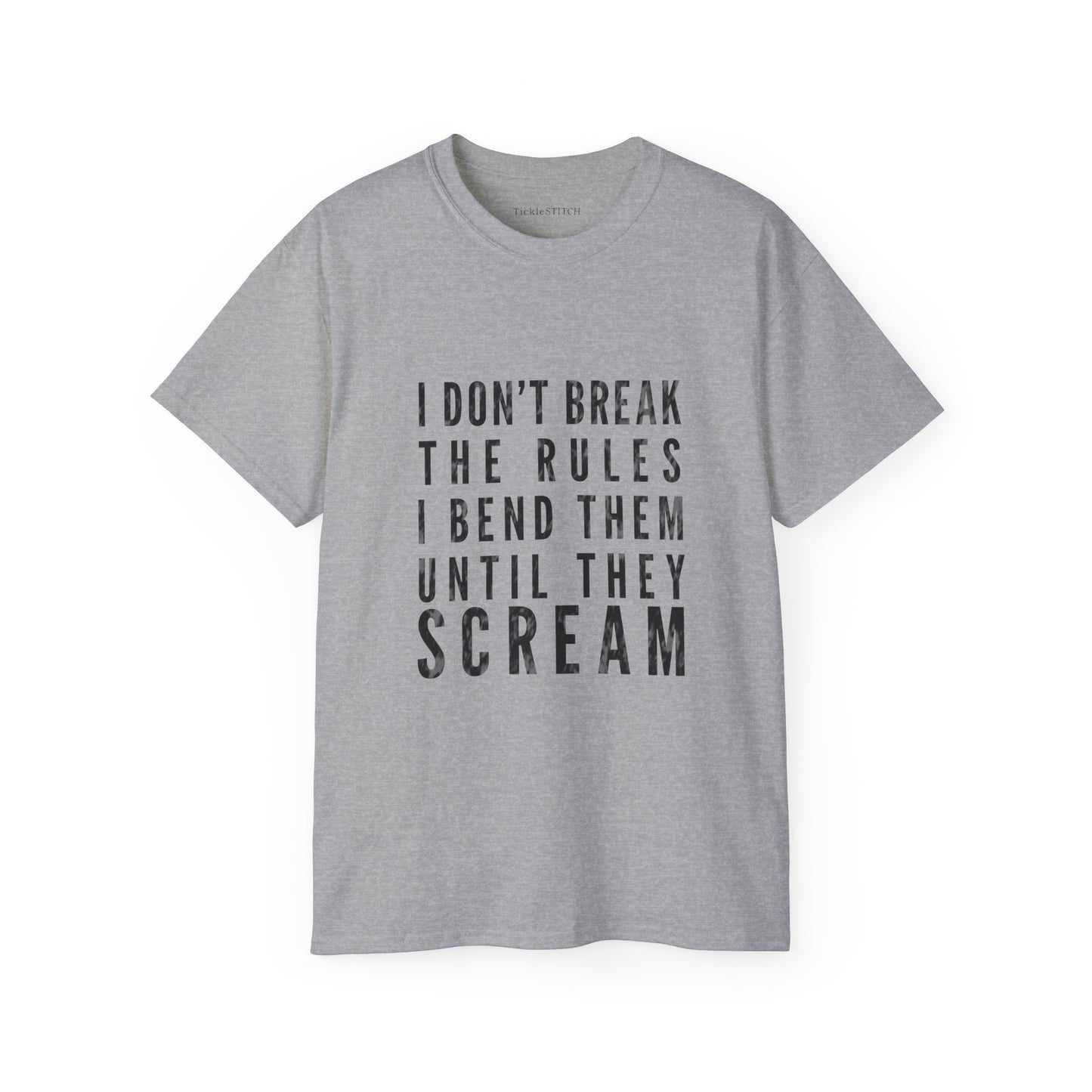Defiant Gym Humor Tee: I Bend Rules Until They Scream Weightlifting