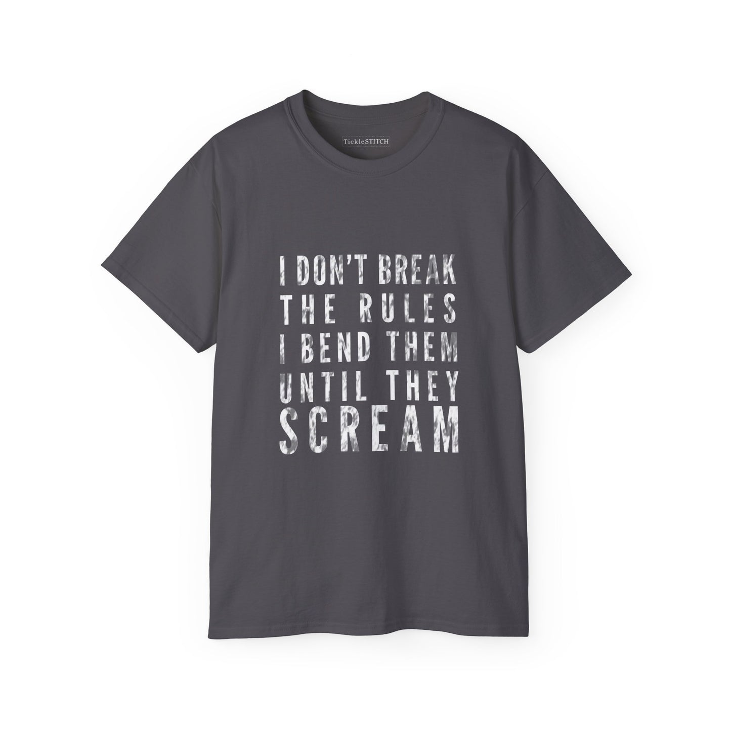 Defiant Gym Humor Tee: I Bend Rules Until They Scream Weightlifting