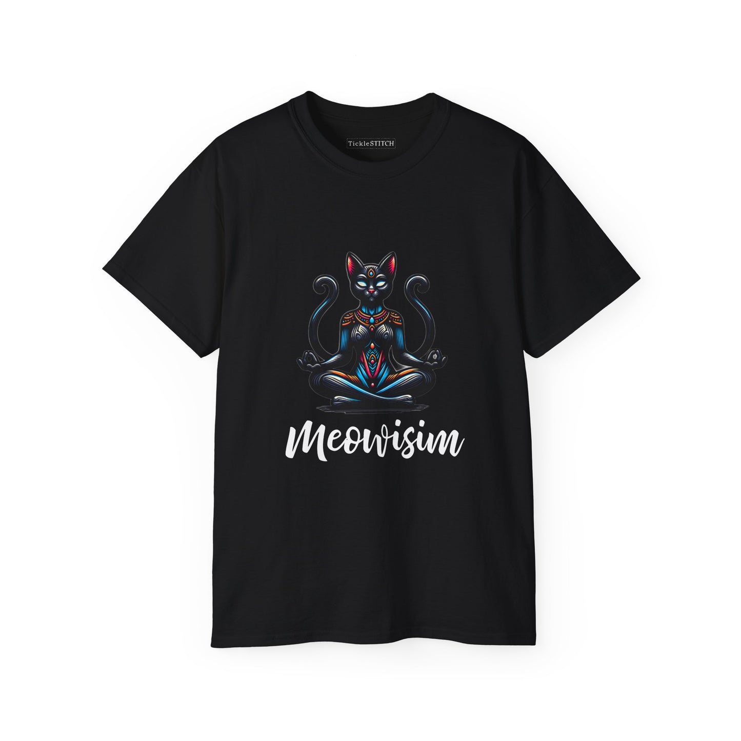 Purr Meowisim Black Two-Tailed Cat Tee – Mystical Feline Humor
