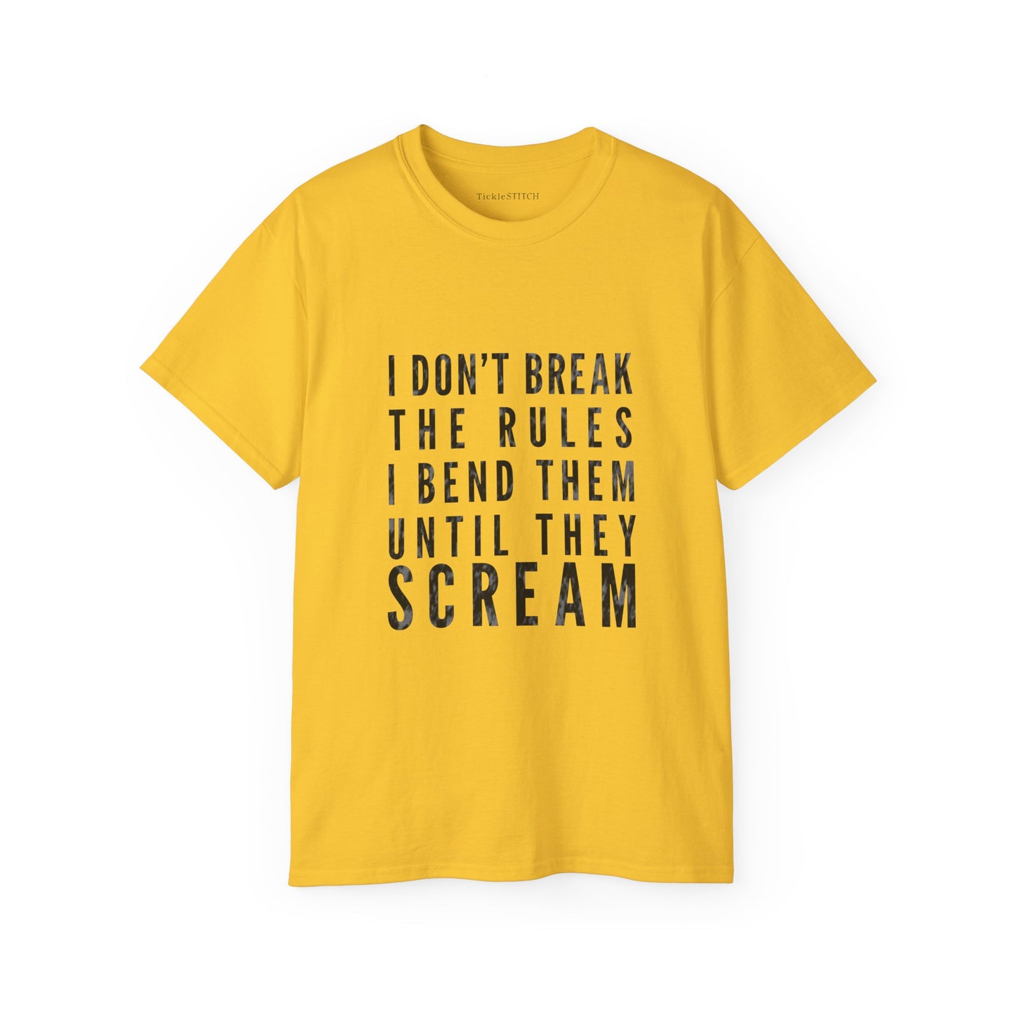 Defiant Gym Humor Tee: I Bend Rules Until They Scream Weightlifting