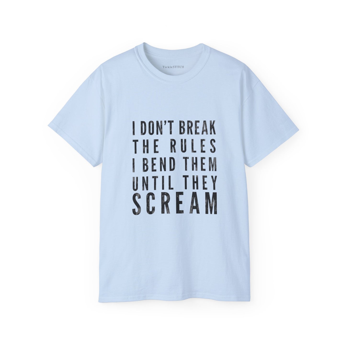 Defiant Gym Humor Tee: I Bend Rules Until They Scream Weightlifting