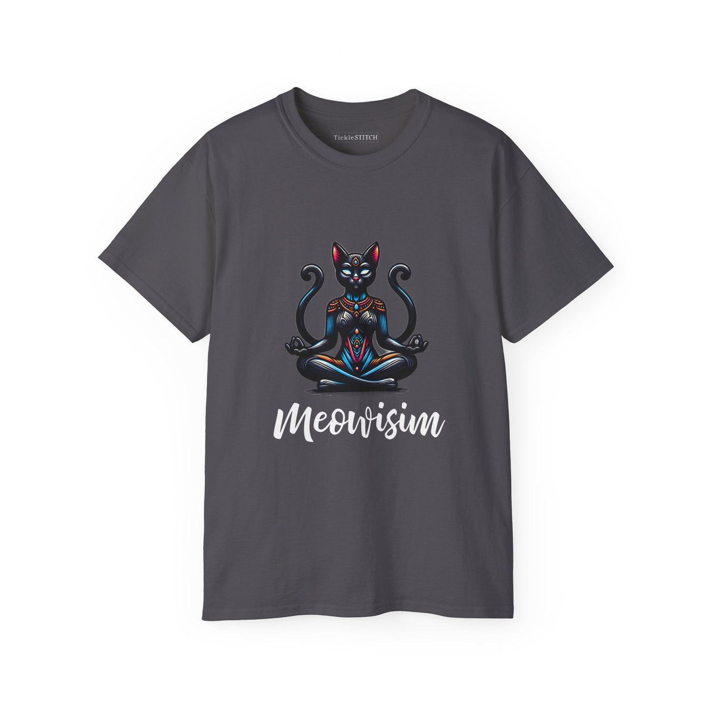 Purr Meowisim Black Two-Tailed Cat Tee – Mystical Feline Humor