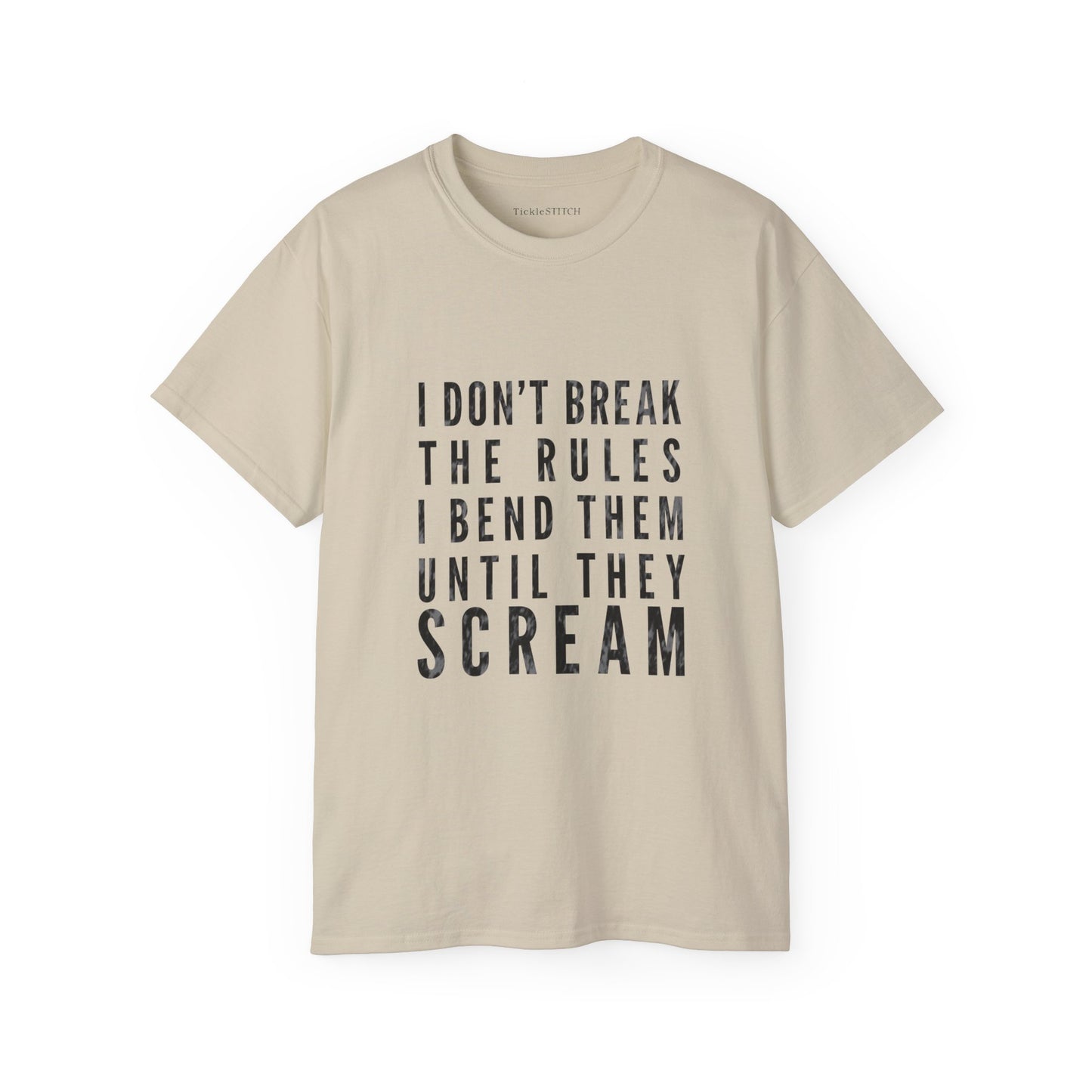 Defiant Gym Humor Tee: I Bend Rules Until They Scream Weightlifting
