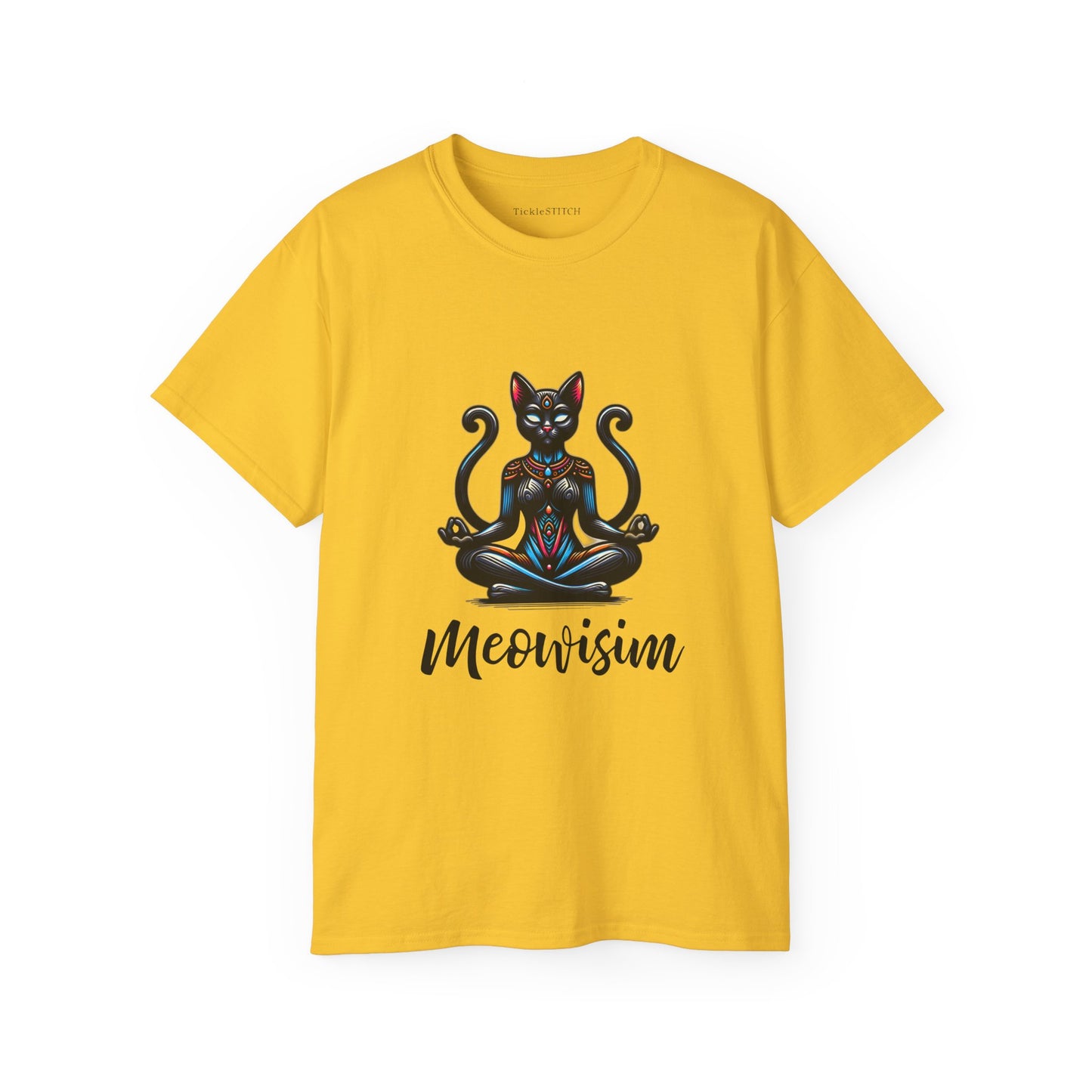 Purr Meowisim Black Two-Tailed Cat Tee – Mystical Feline Humor
