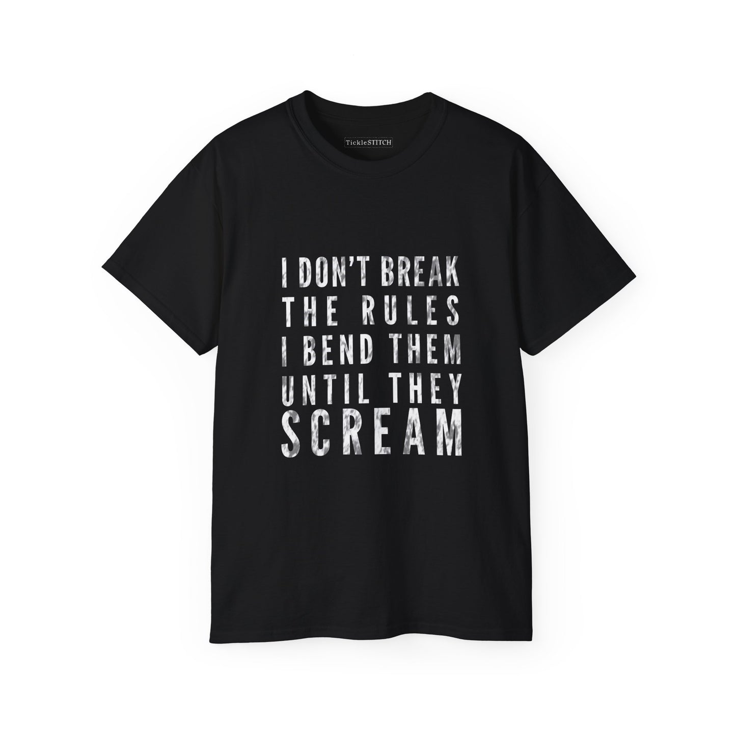 Defiant Gym Humor Tee: I Bend Rules Until They Scream Weightlifting