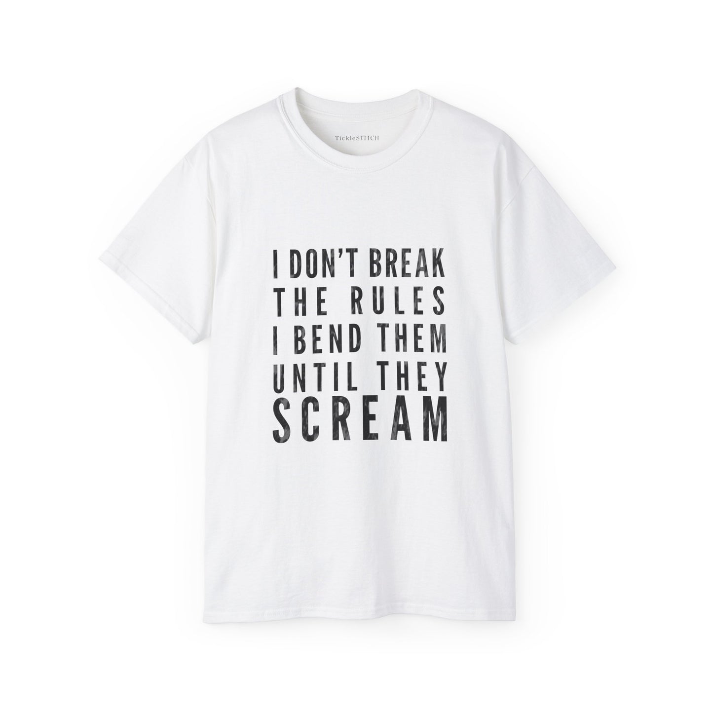 Defiant Gym Humor Tee: I Bend Rules Until They Scream Weightlifting