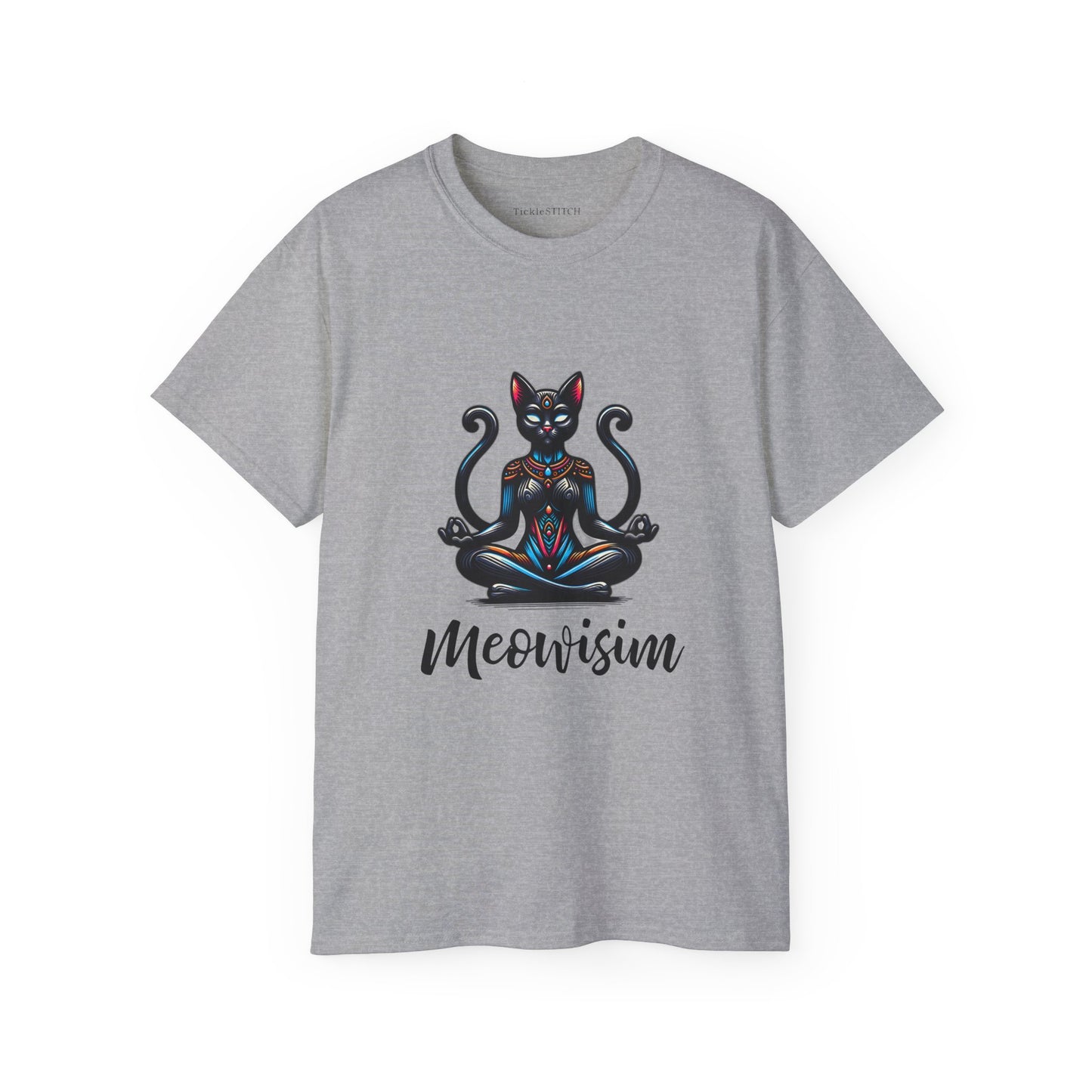 Purr Meowisim Black Two-Tailed Cat Tee – Mystical Feline Humor