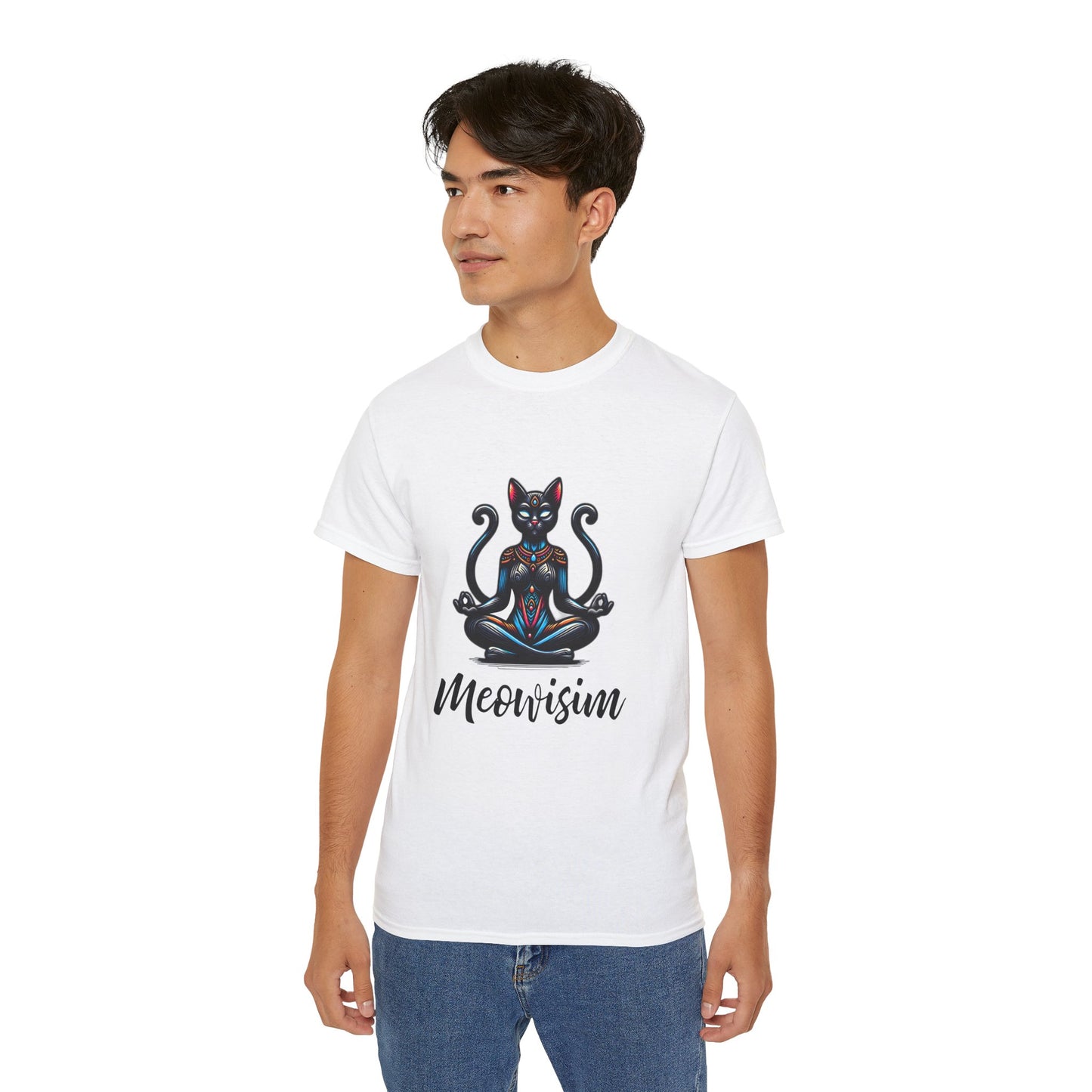 Purr Meowisim Black Two-Tailed Cat Tee – Mystical Feline Humor