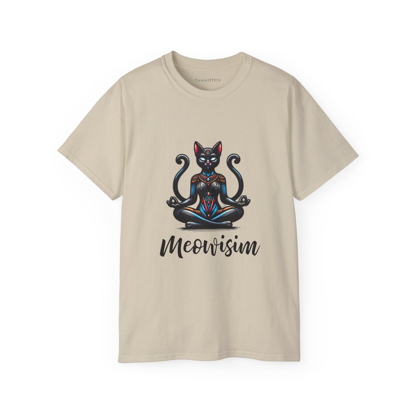 Purr Meowisim Black Two-Tailed Cat Tee – Mystical Feline Humor