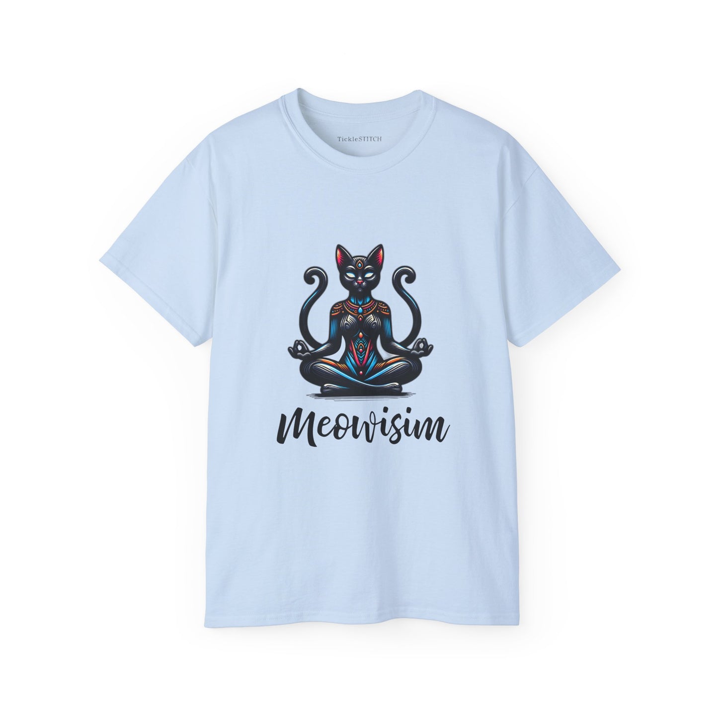 Purr Meowisim Black Two-Tailed Cat Tee – Mystical Feline Humor
