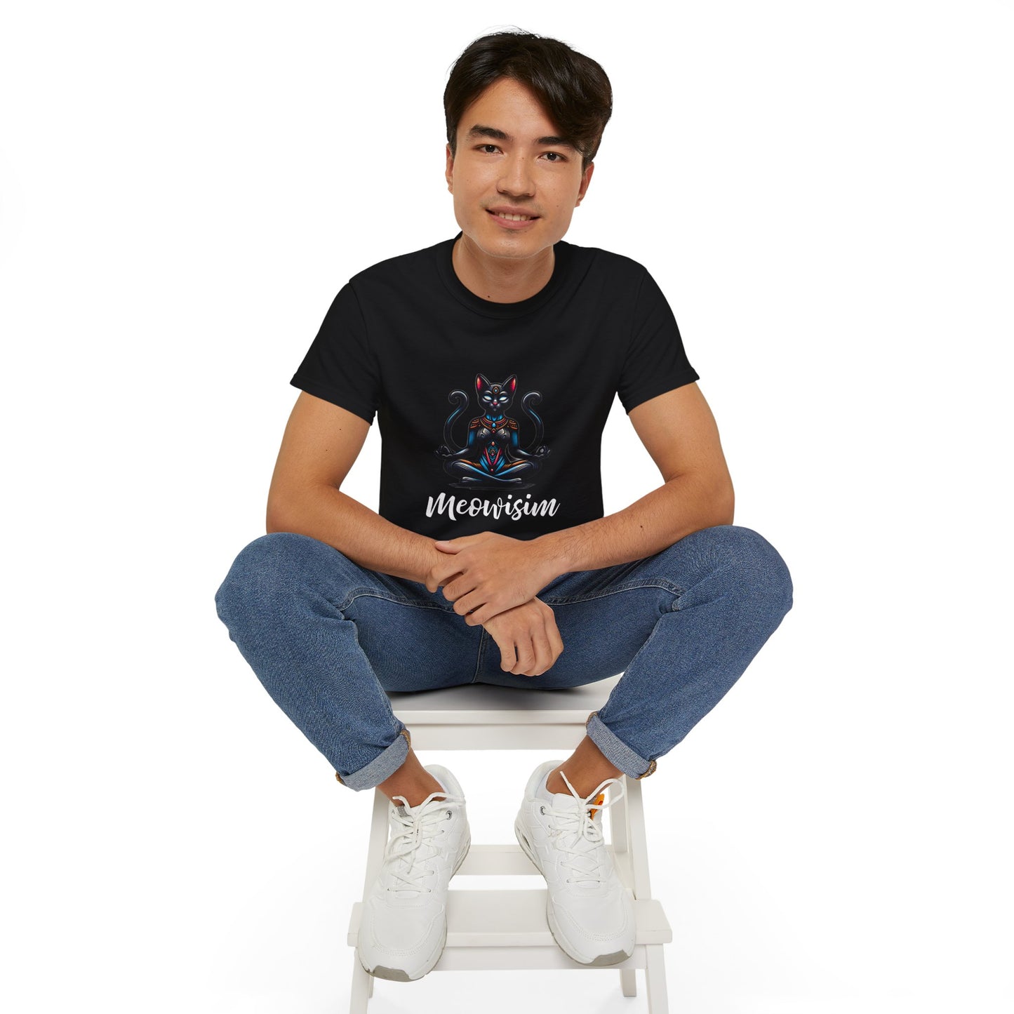 Purr Meowisim Black Two-Tailed Cat Tee – Mystical Feline Humor