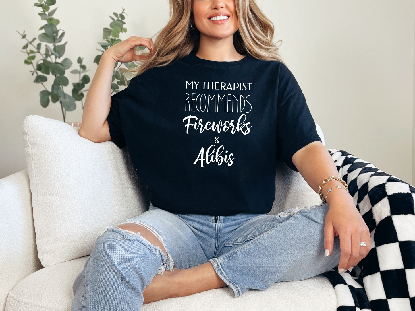 Therapist Recommends Fireworks & Alibis Funny Independence Day Shirt