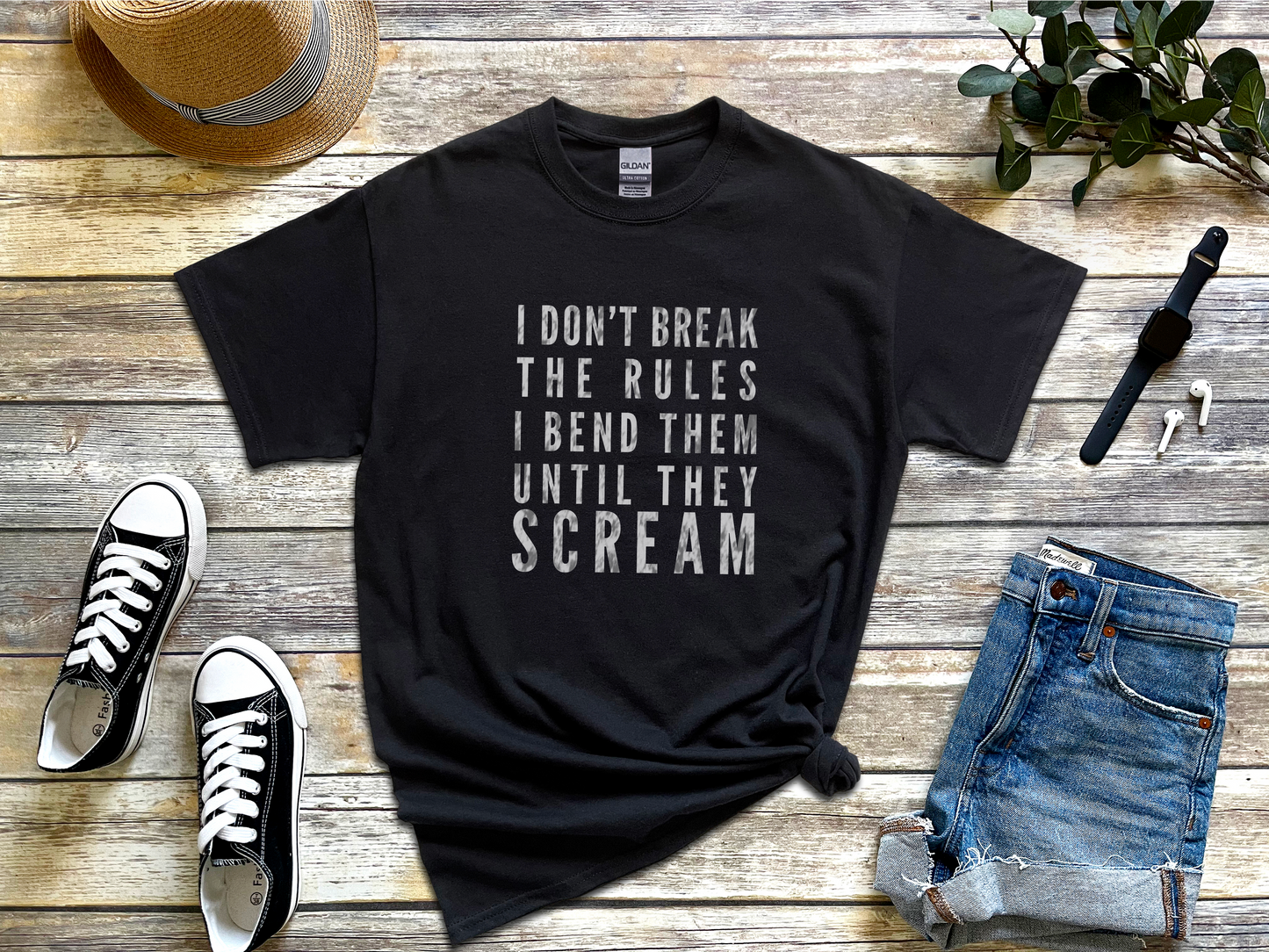 Defiant Gym Humor Tee: I Bend Rules Until They Scream Weightlifting