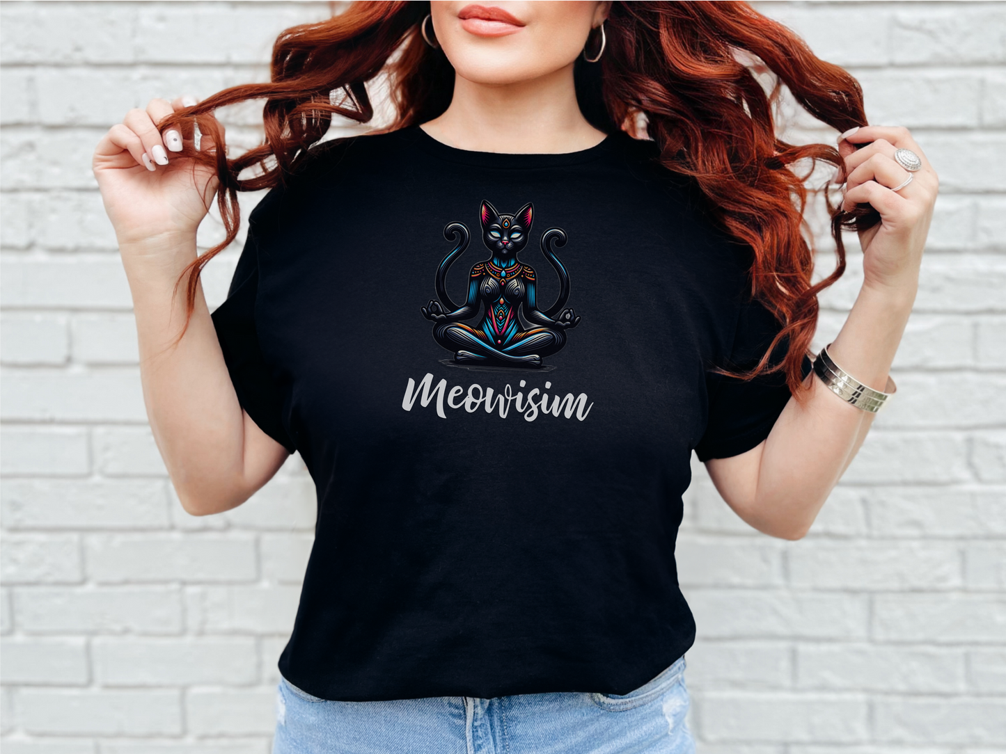 Purr Meowisim Black Two-Tailed Cat Tee – Mystical Feline Humor