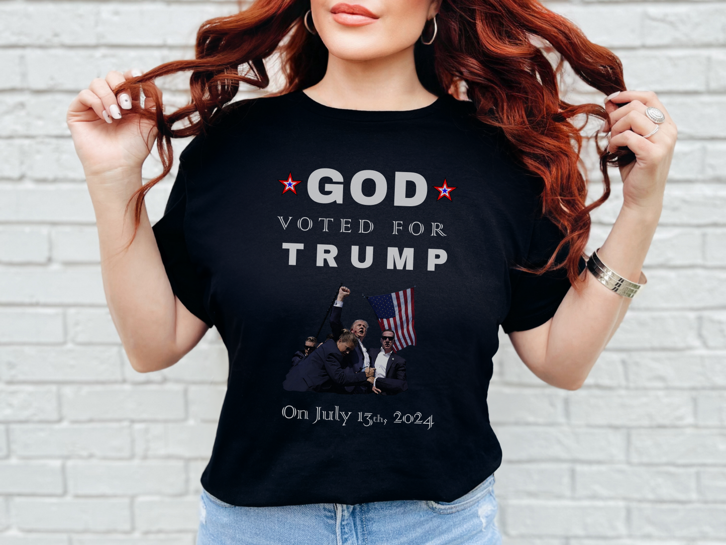 a woman wearing a t - shirt that says god vote for trump