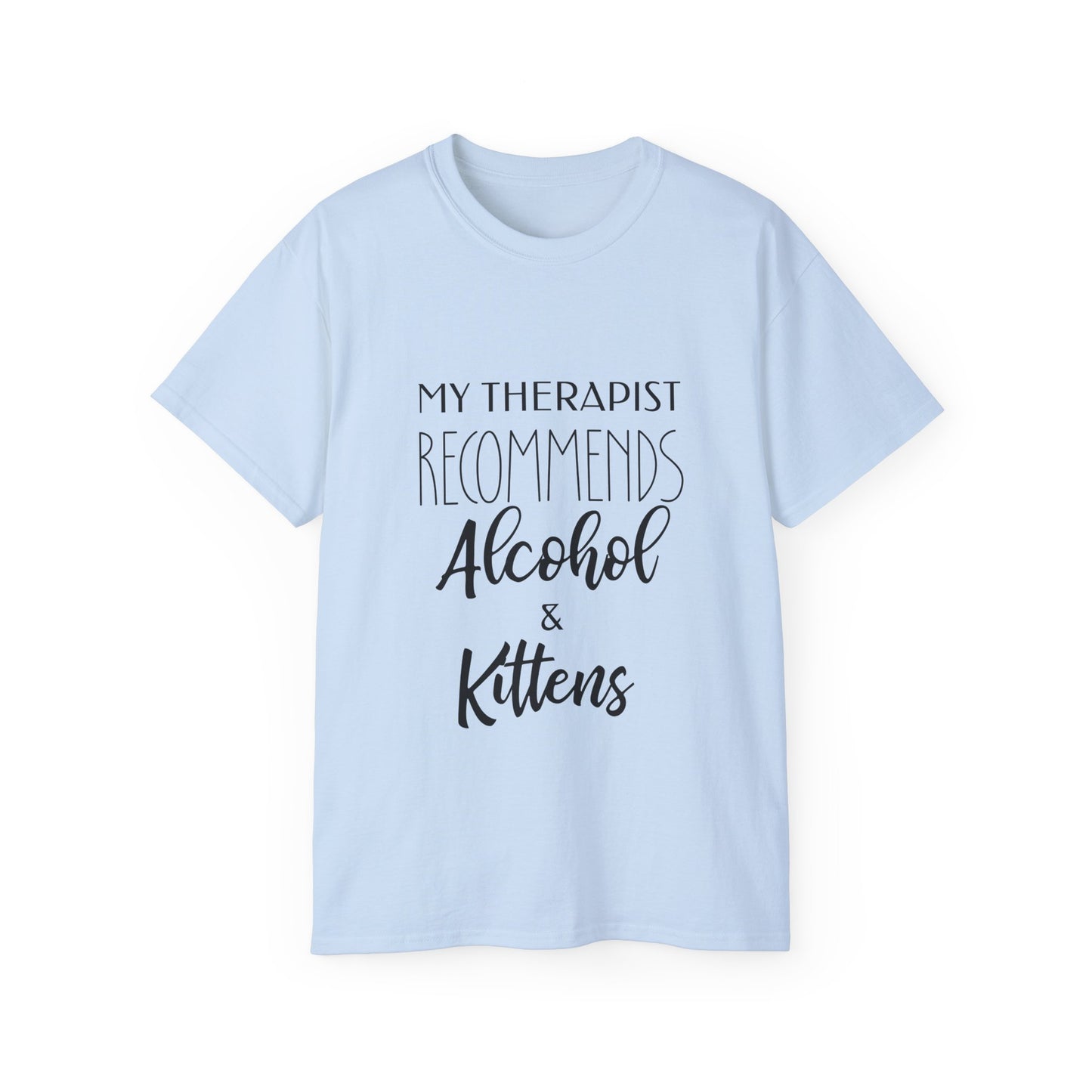 Witty Feline Therapy Beverage Tee – Humorous Mental Wellbeing Apparel