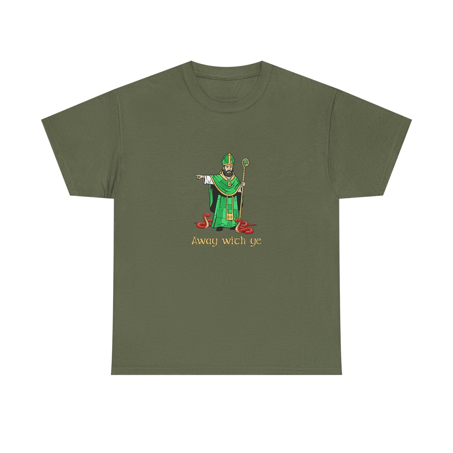 Away with ye St. Patrick Kicking Out Snakes Hand-Drawn Art Tee