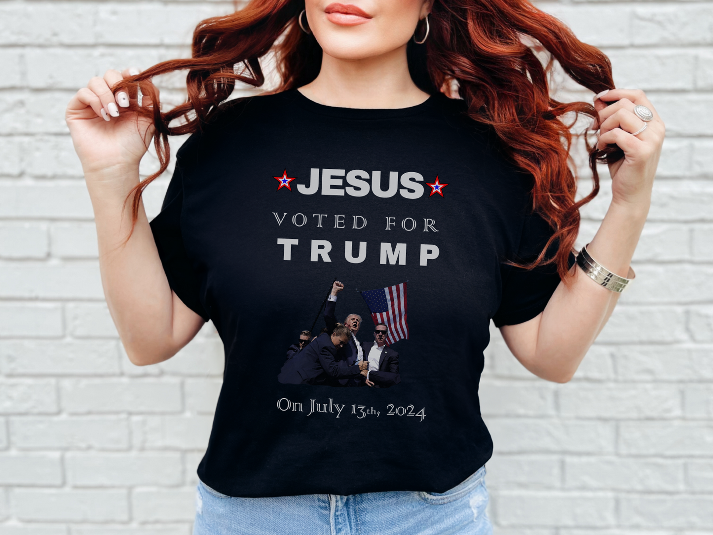 a woman wearing a jesus vote for trump t - shirt