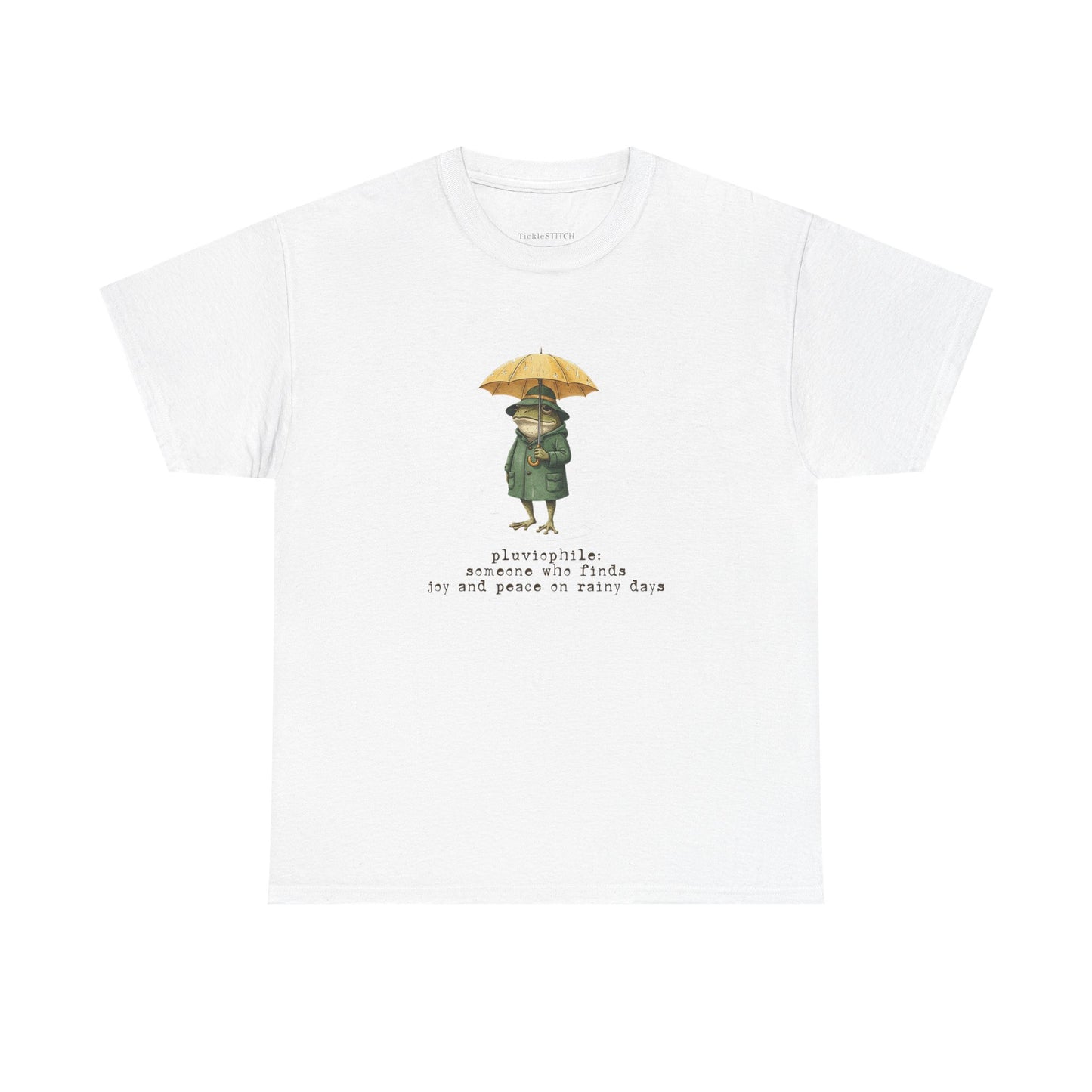 Pluviophile Definition Art Tee: Joyful Frog in Raincoat, Cozy Aestheti