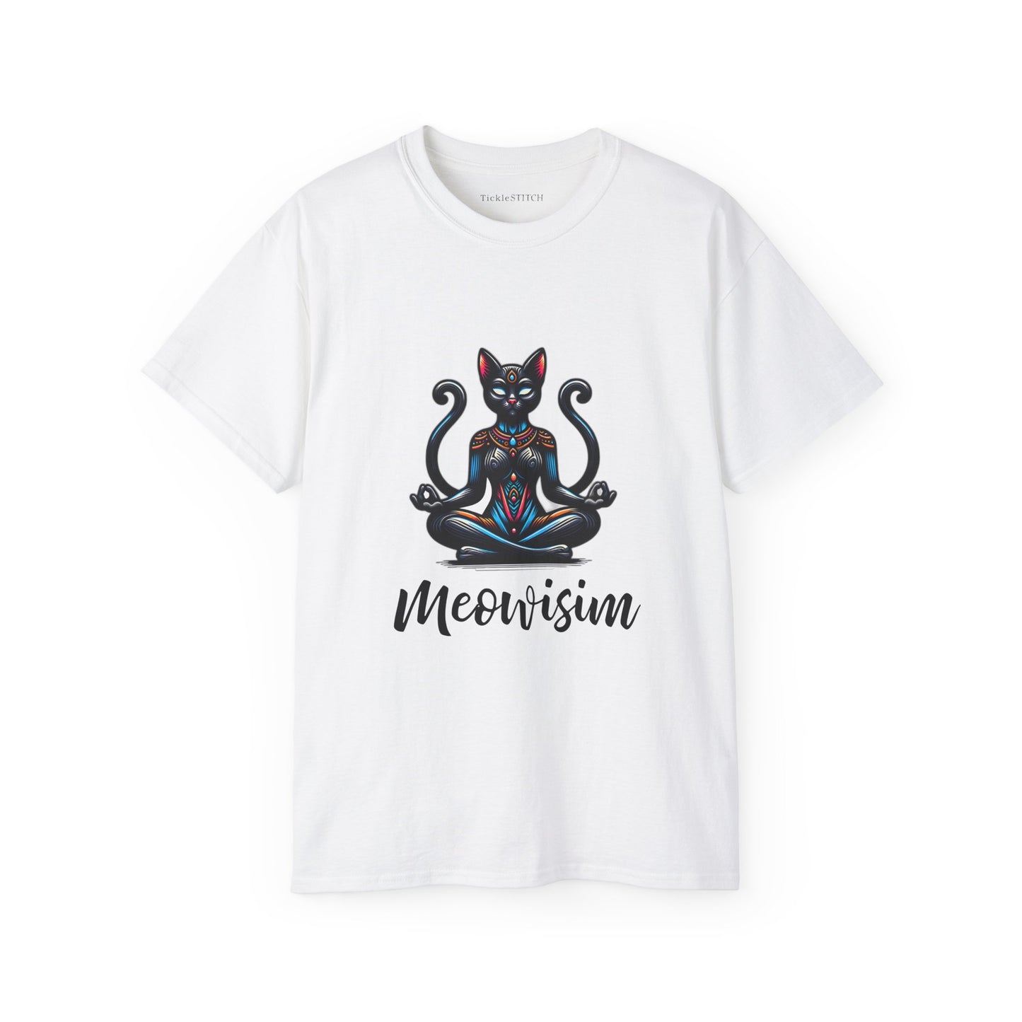 Purr Meowisim Black Two-Tailed Cat Tee – Mystical Feline Humor