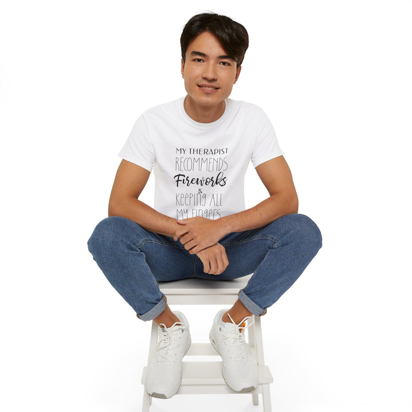 My Therapist Recommends Fireworks and Keeping All My Fingers Cotton Unisex Funny T-Shirt