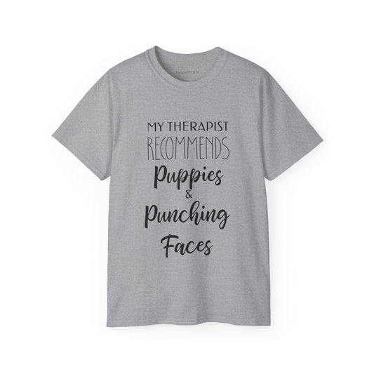 Puppy Therapy & Punching Faces Funny Graphic Tee – Dark Humor Gift