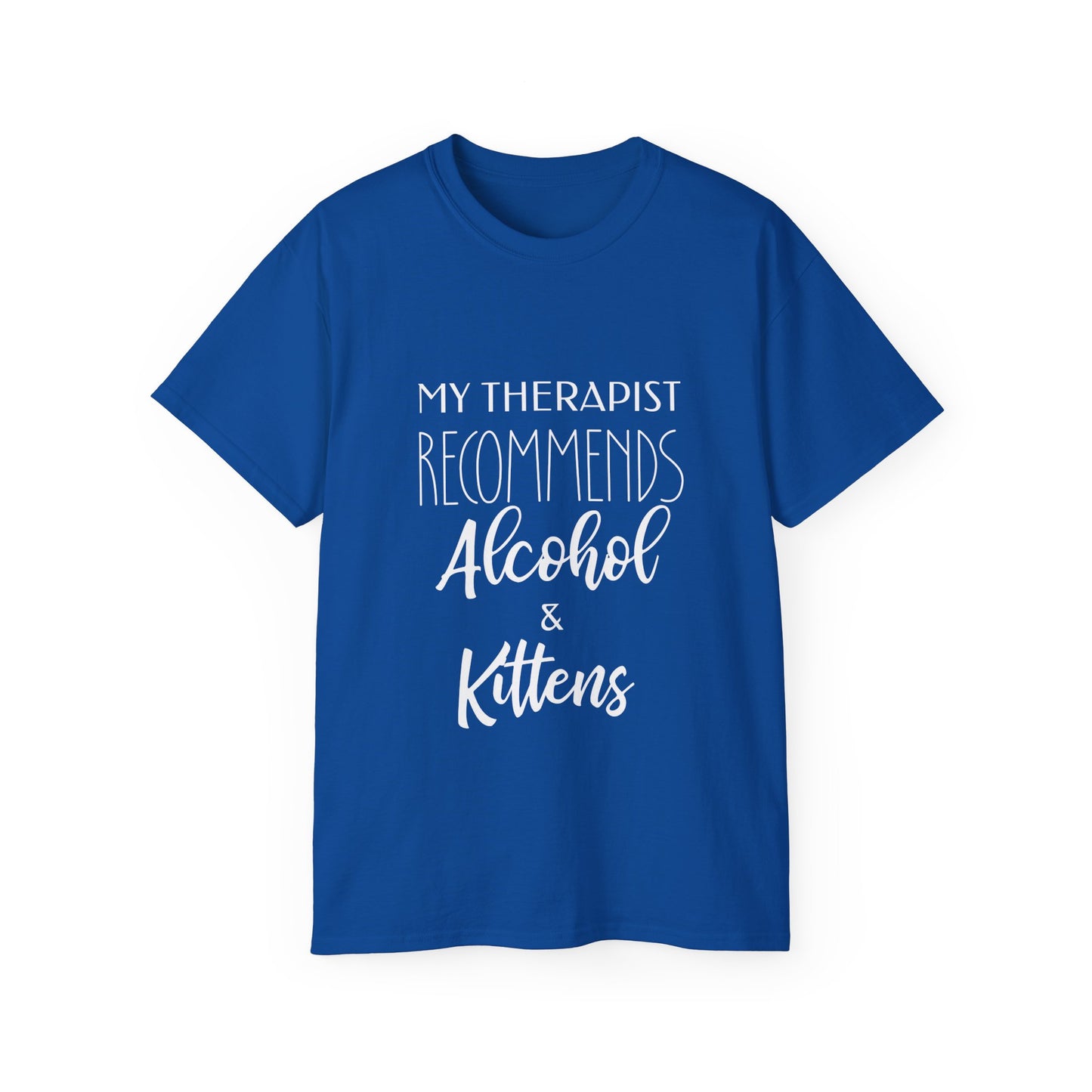 Witty Feline Therapy Beverage Tee – Humorous Mental Wellbeing Apparel