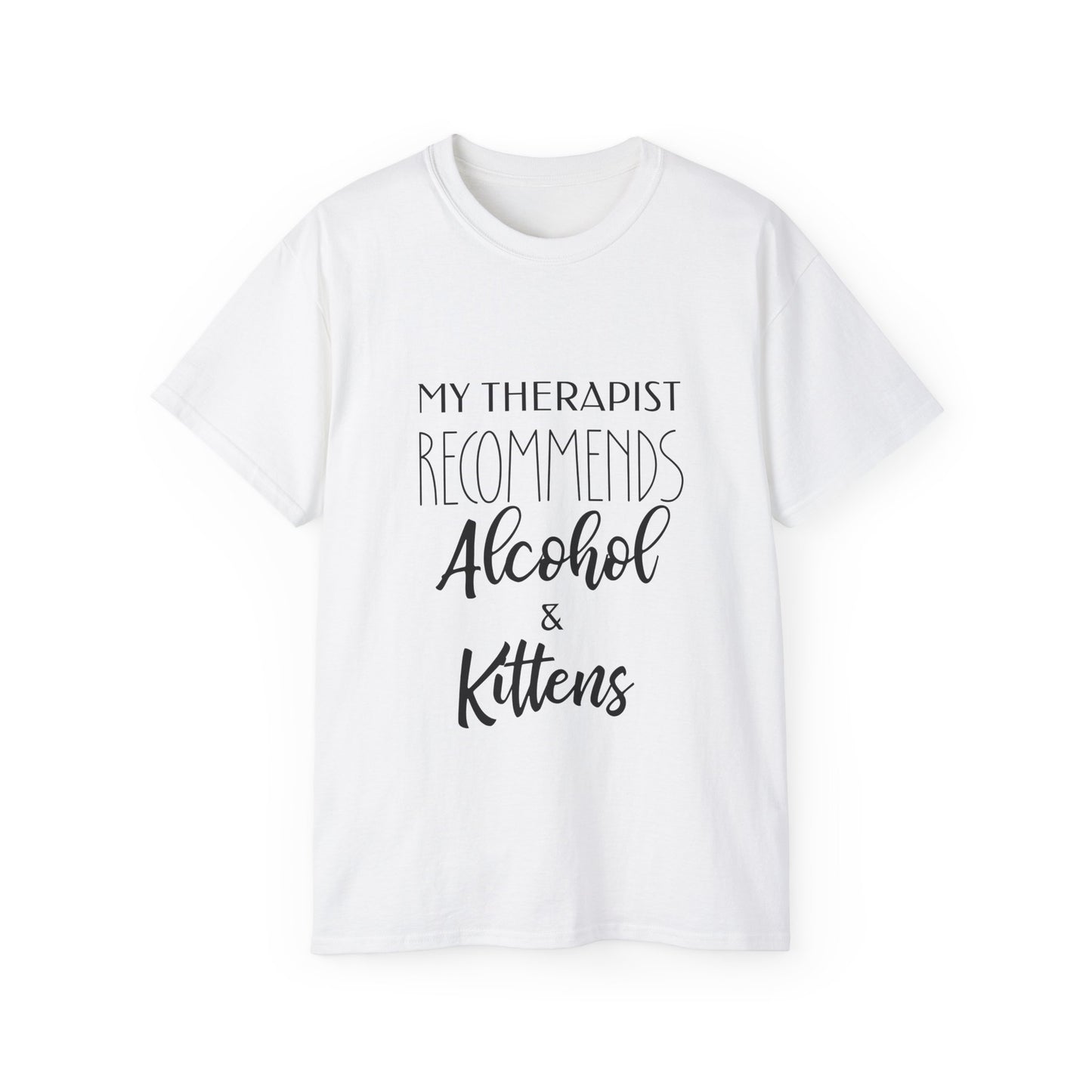 Witty Feline Therapy Beverage Tee – Humorous Mental Wellbeing Apparel