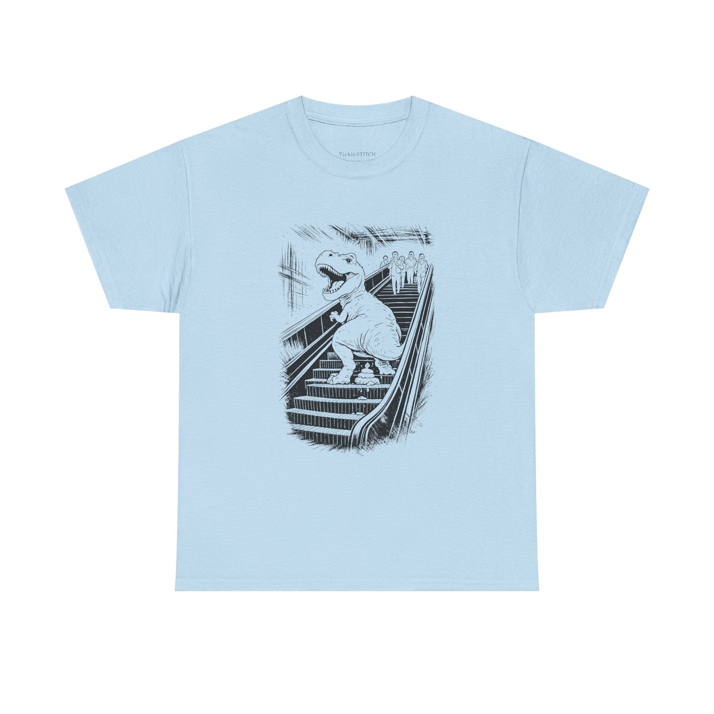 T-Rex Dinosaur Pooping Escalator Urban Chaos Funny T-Shirt Design