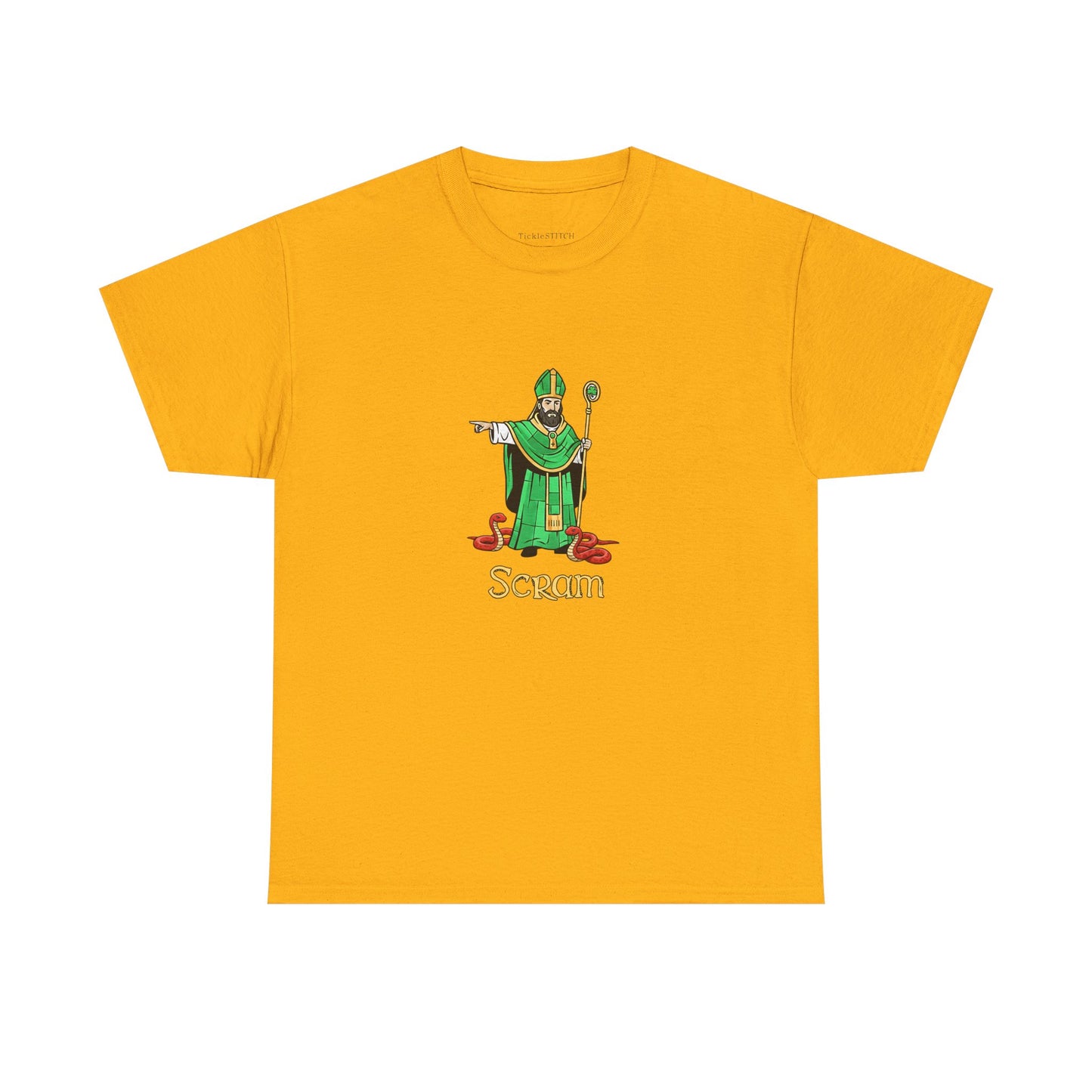 Scram St. Patrick Kicking Out Snakes Hand-Drawn Irish Humor Tee