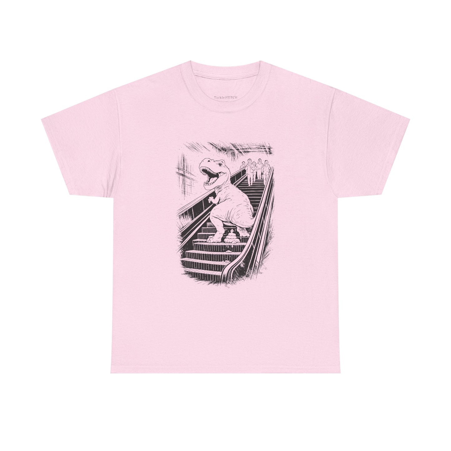 T-Rex Dinosaur Pooping Escalator Urban Chaos Funny T-Shirt Design