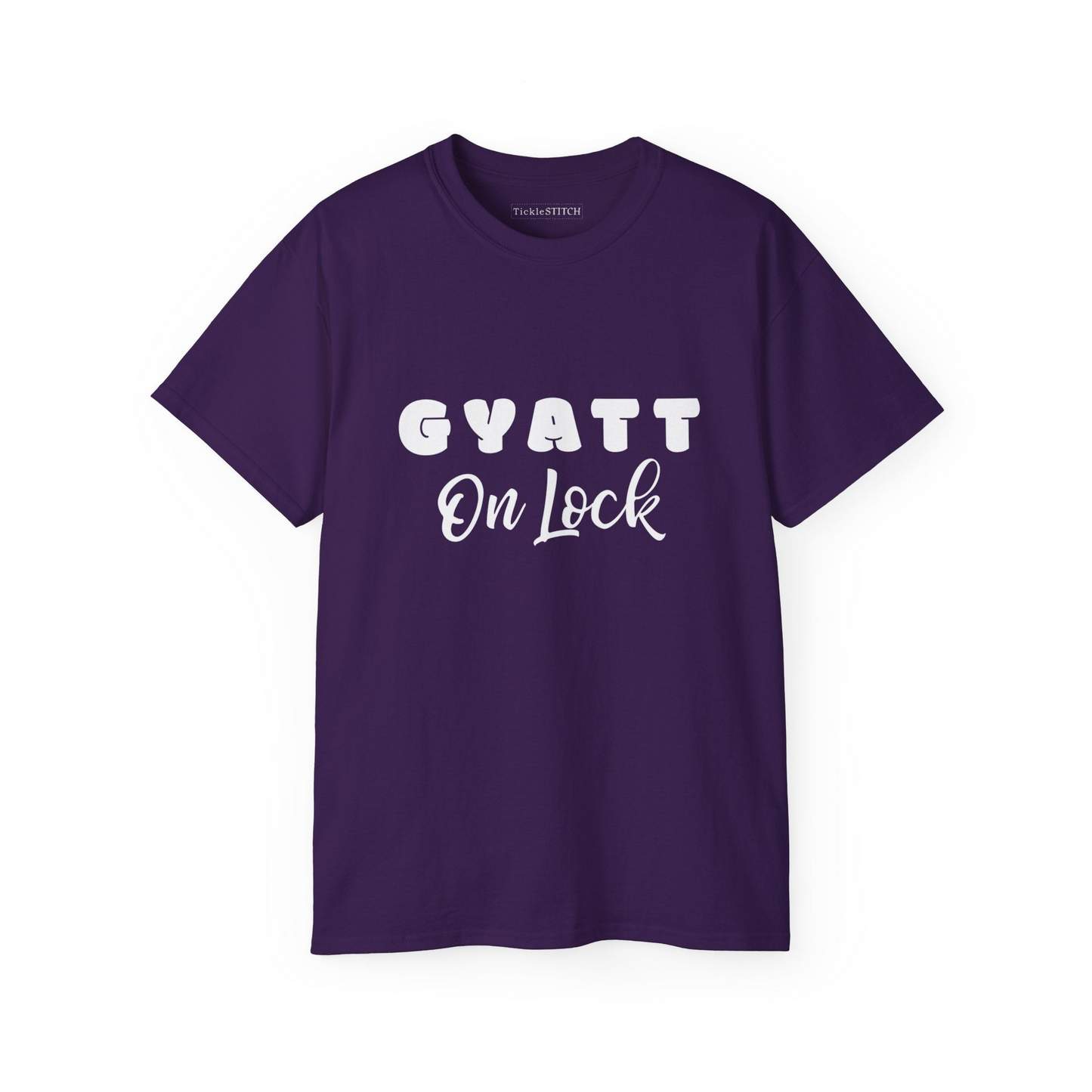 a purple t - shirt that says gyatt on lock