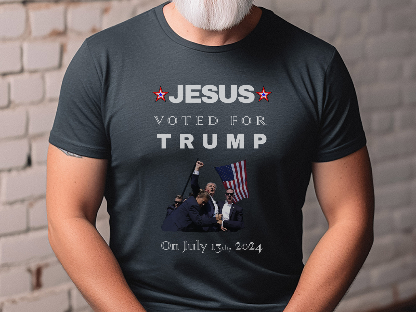 a man wearing a jesus vote for trump t - shirt