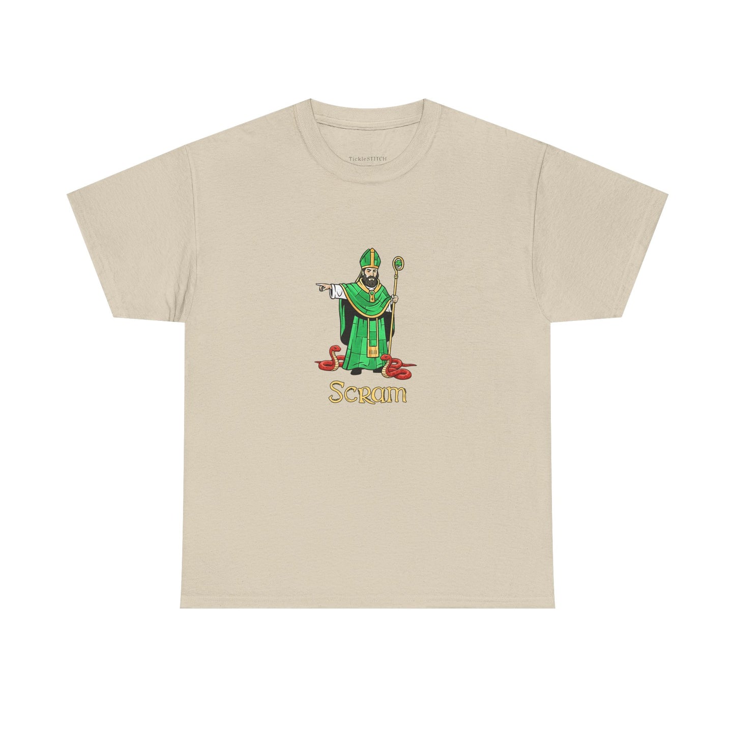 Scram St. Patrick Kicking Out Snakes Hand-Drawn Irish Humor Tee