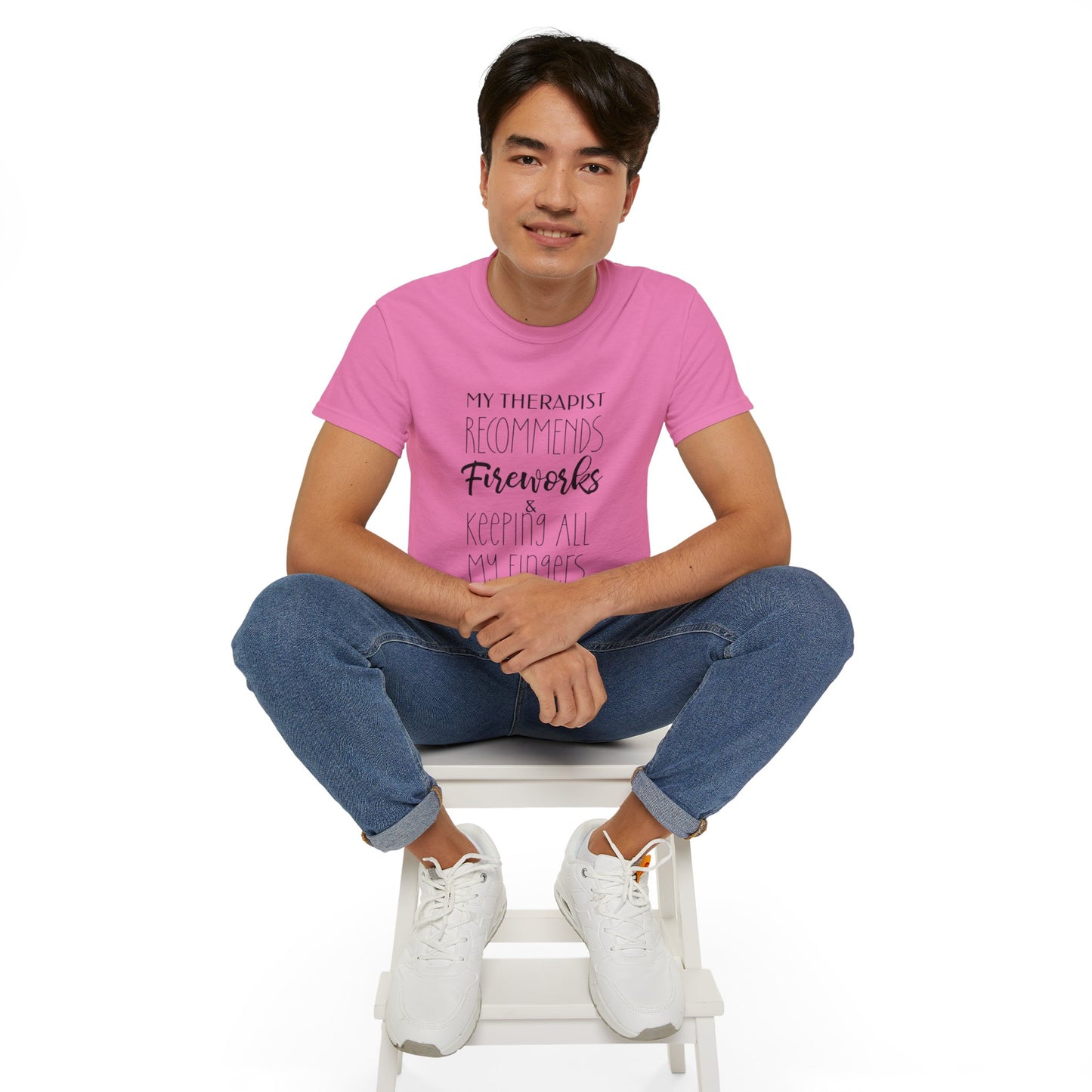 My Therapist Recommends Fireworks and Keeping All My Fingers Cotton Unisex Funny T-Shirt