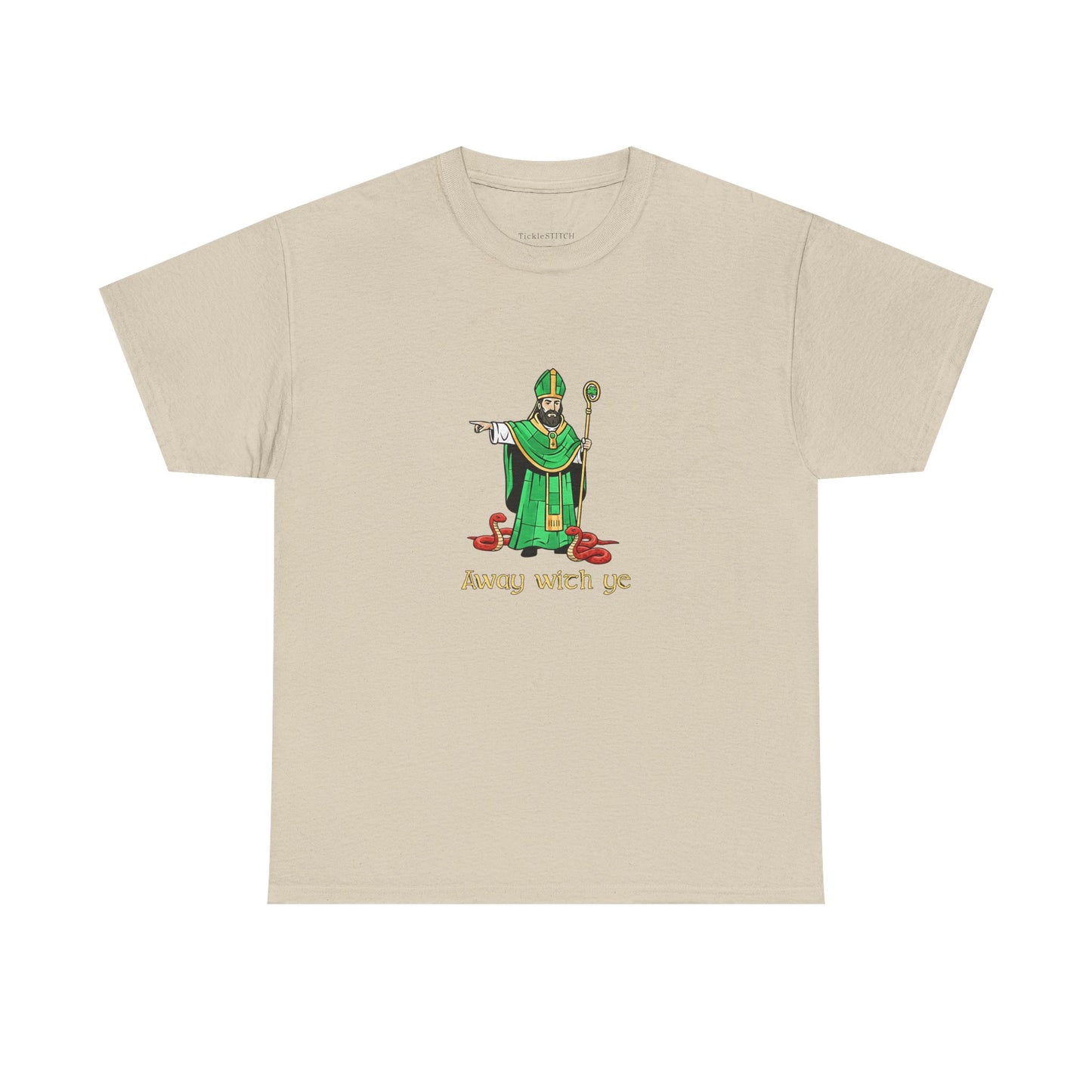 Away with ye St. Patrick Kicking Out Snakes Hand-Drawn Art Tee