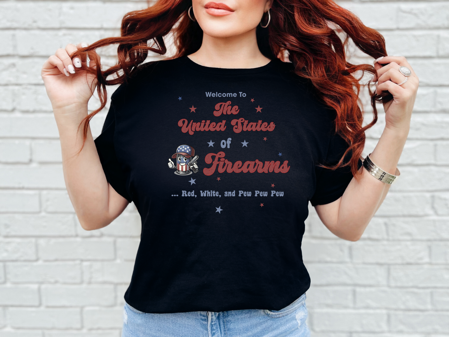 a woman wearing a black t - shirt with the words, the united states of