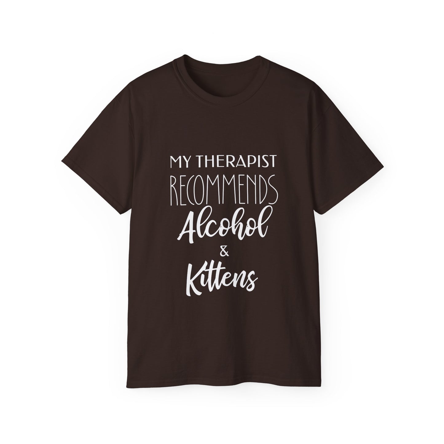 Witty Feline Therapy Beverage Tee – Humorous Mental Wellbeing Apparel