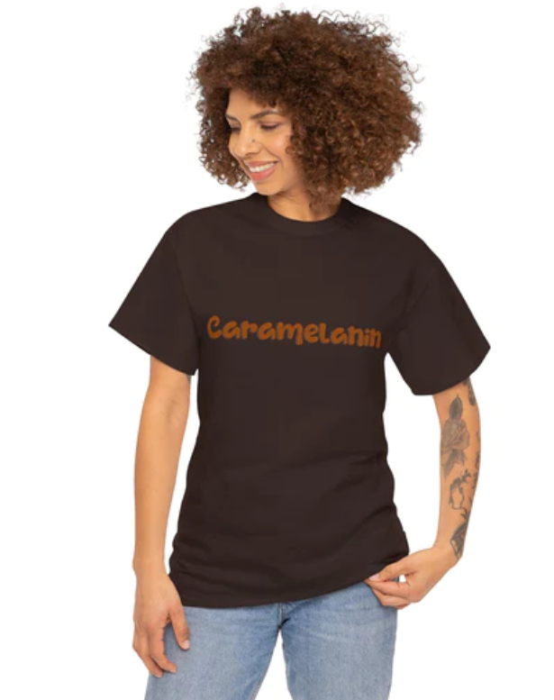 a woman wearing a black t - shirt with the word caramelia printed on