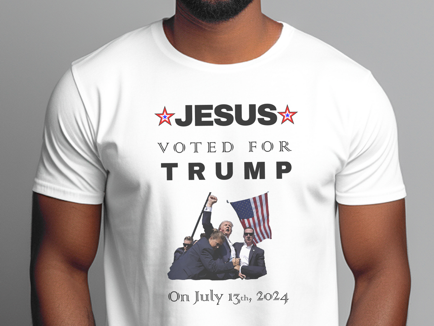 a man wearing a t - shirt that says jesus vote for trump