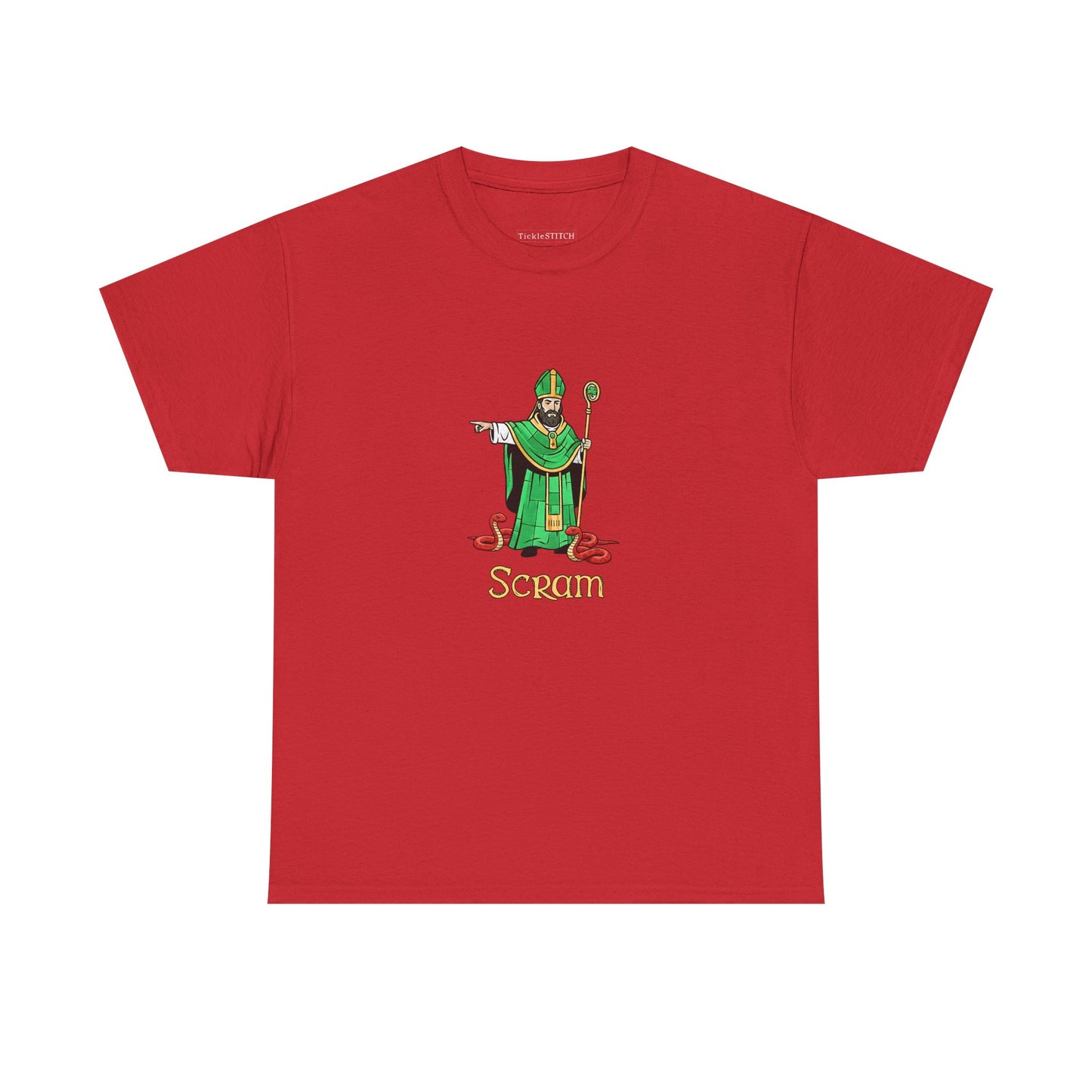 Scram St. Patrick Kicking Out Snakes Hand-Drawn Irish Humor Tee