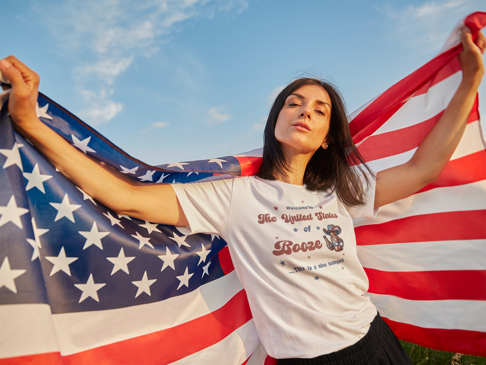 a woman holding an american flag in her hands