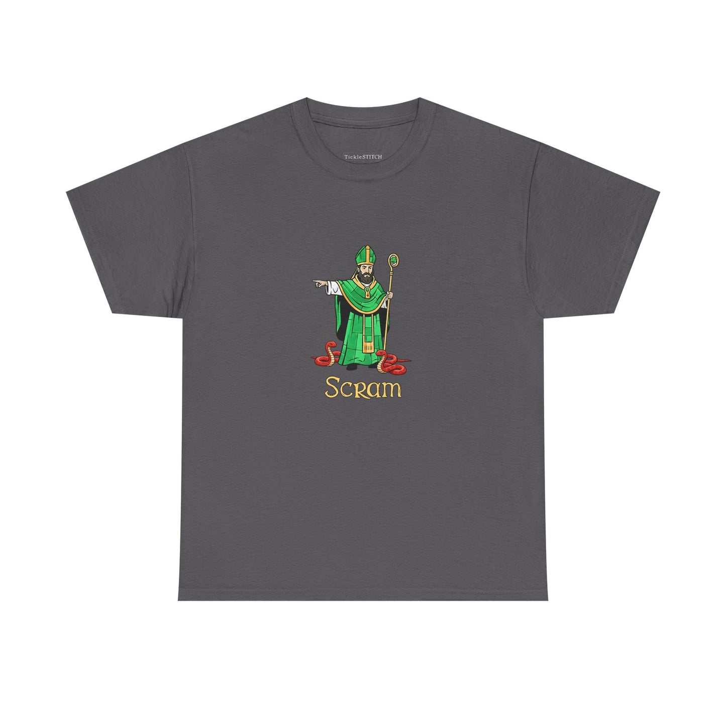 Scram St. Patrick Kicking Out Snakes Hand-Drawn Irish Humor Tee