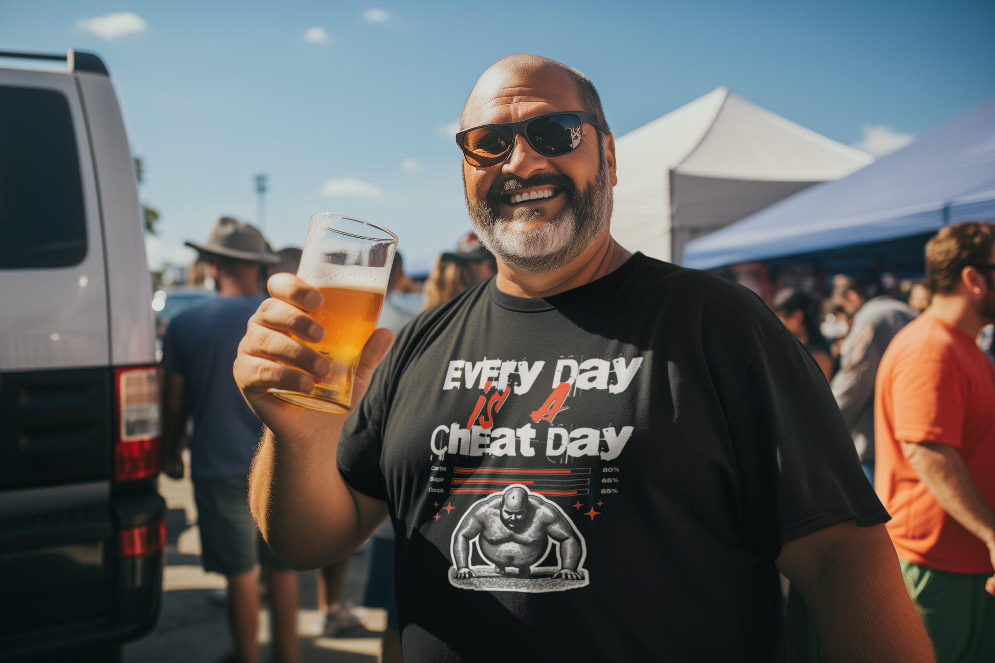 a man holding a glass of beer in front of a van