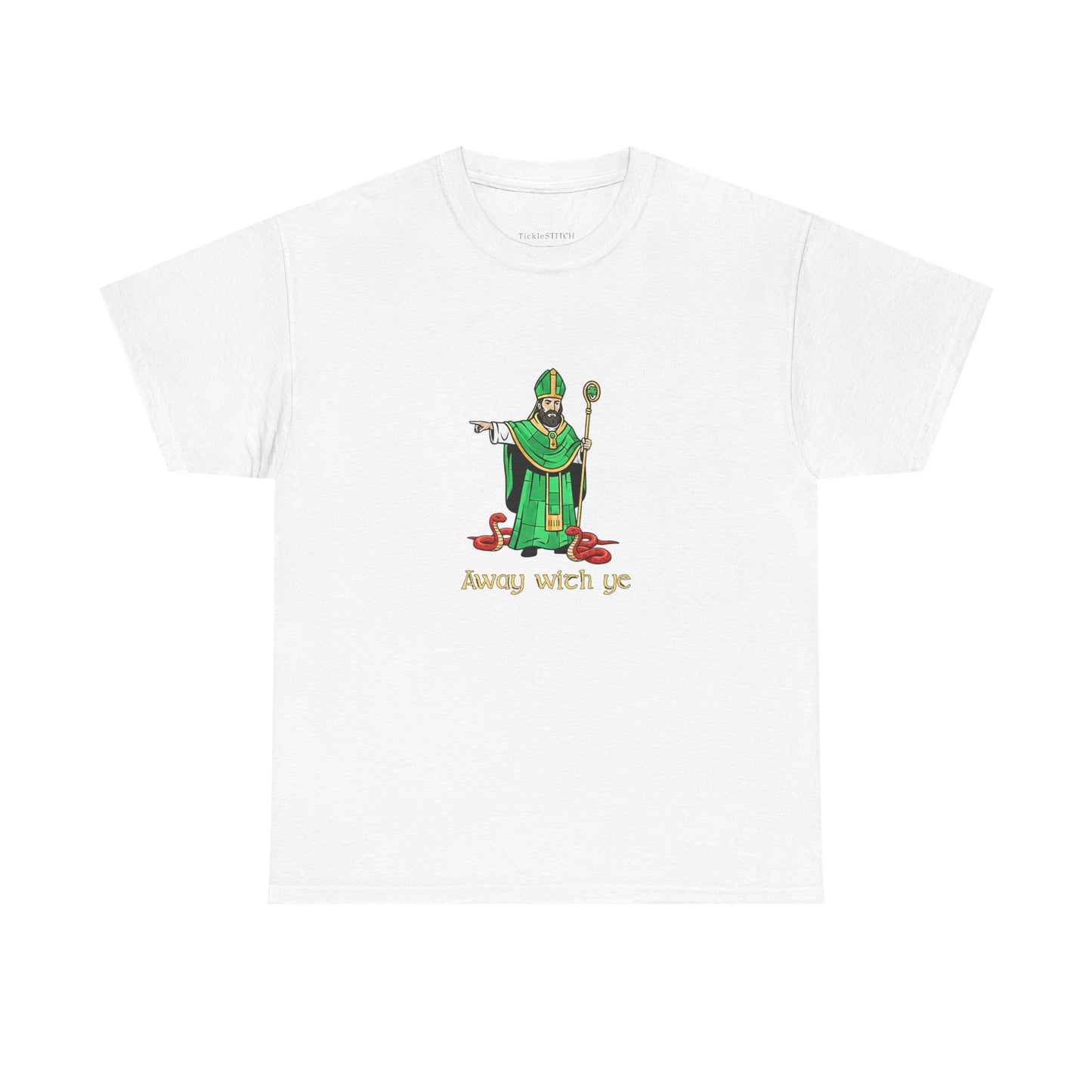 Away with ye St. Patrick Kicking Out Snakes Hand-Drawn Art Tee