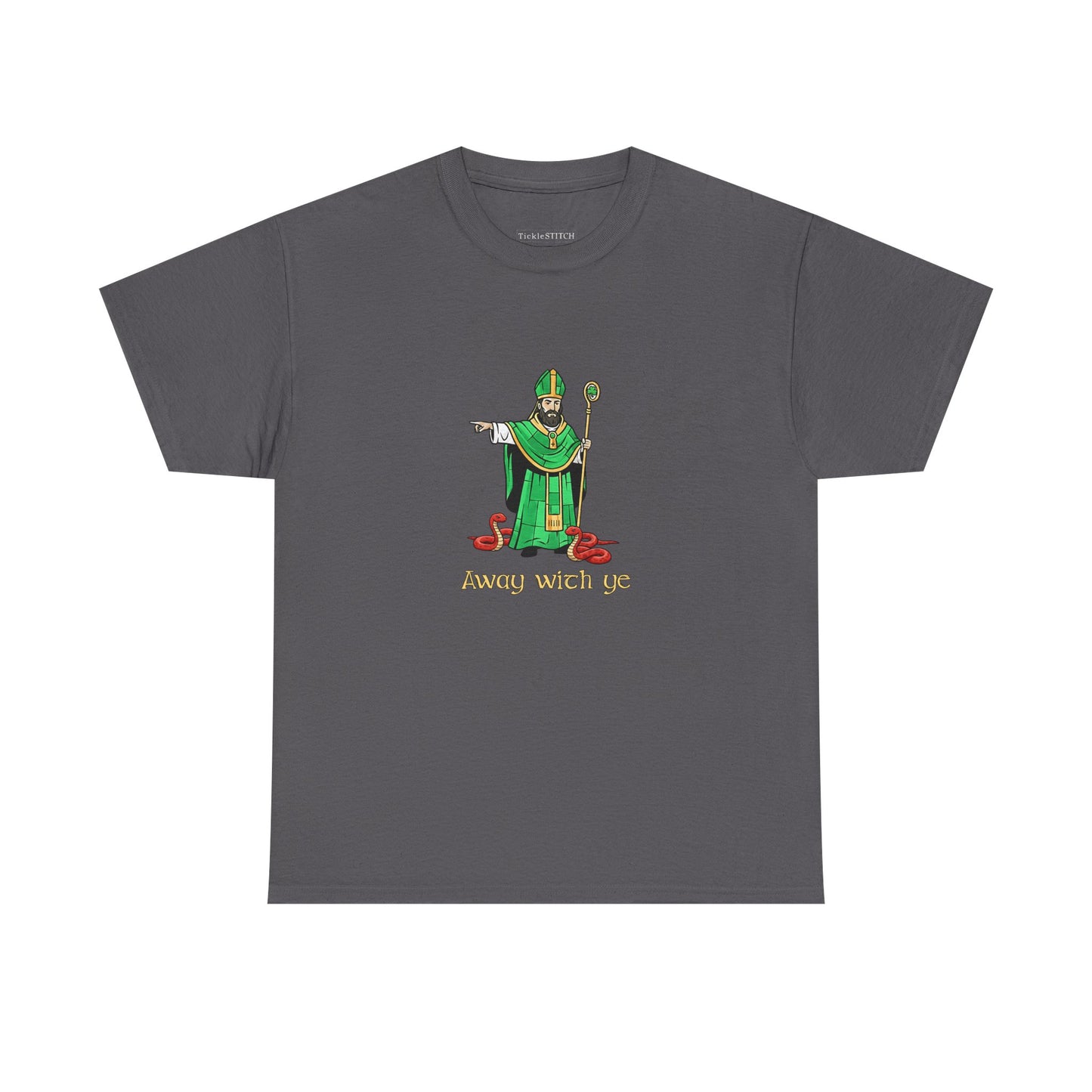 Away with ye St. Patrick Kicking Out Snakes Hand-Drawn Art Tee