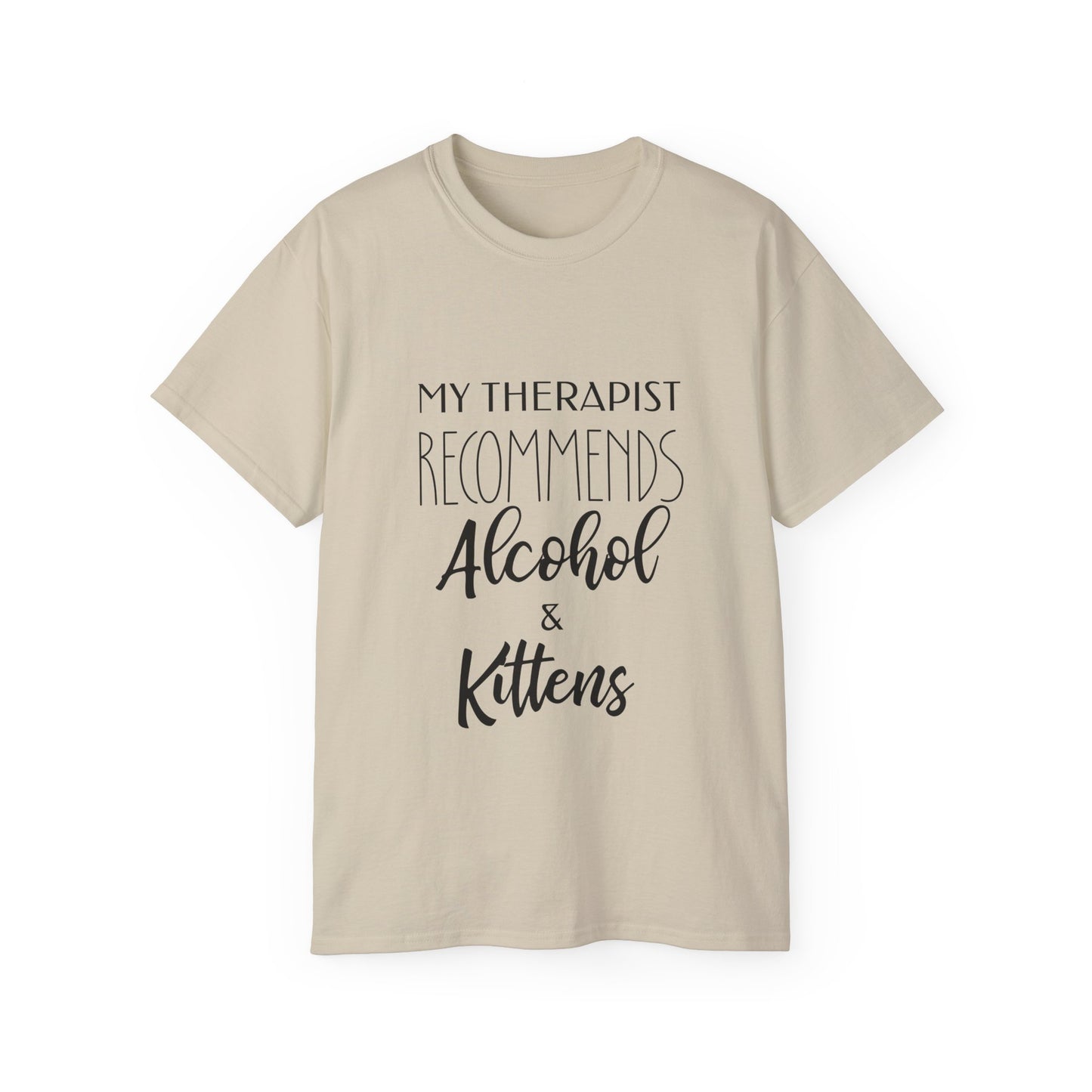 Witty Feline Therapy Beverage Tee – Humorous Mental Wellbeing Apparel