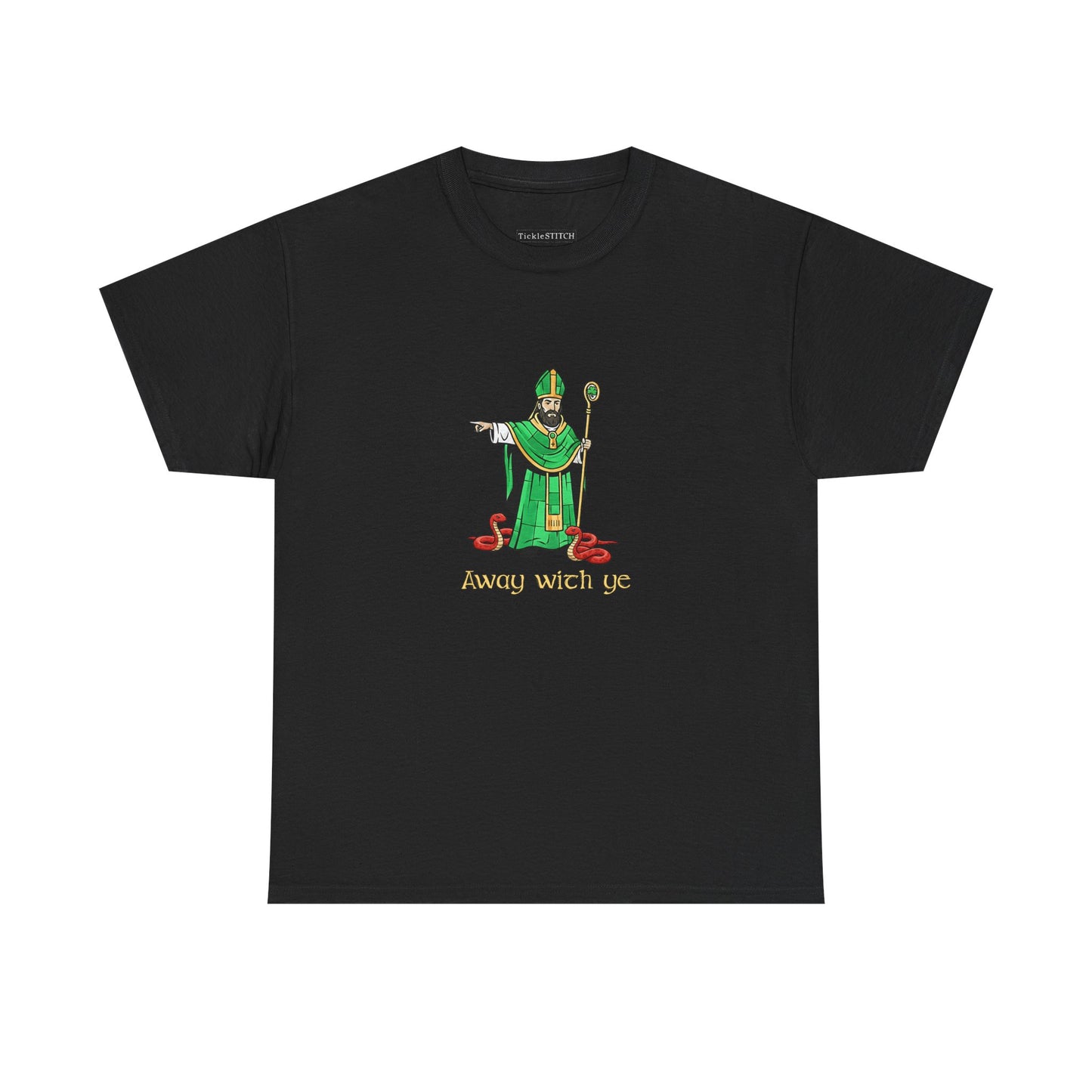Away with ye St. Patrick Kicking Out Snakes Hand-Drawn Art Tee