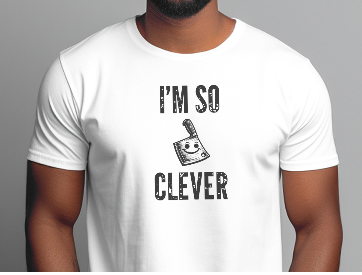 a man wearing a t - shirt that says i'm so clever